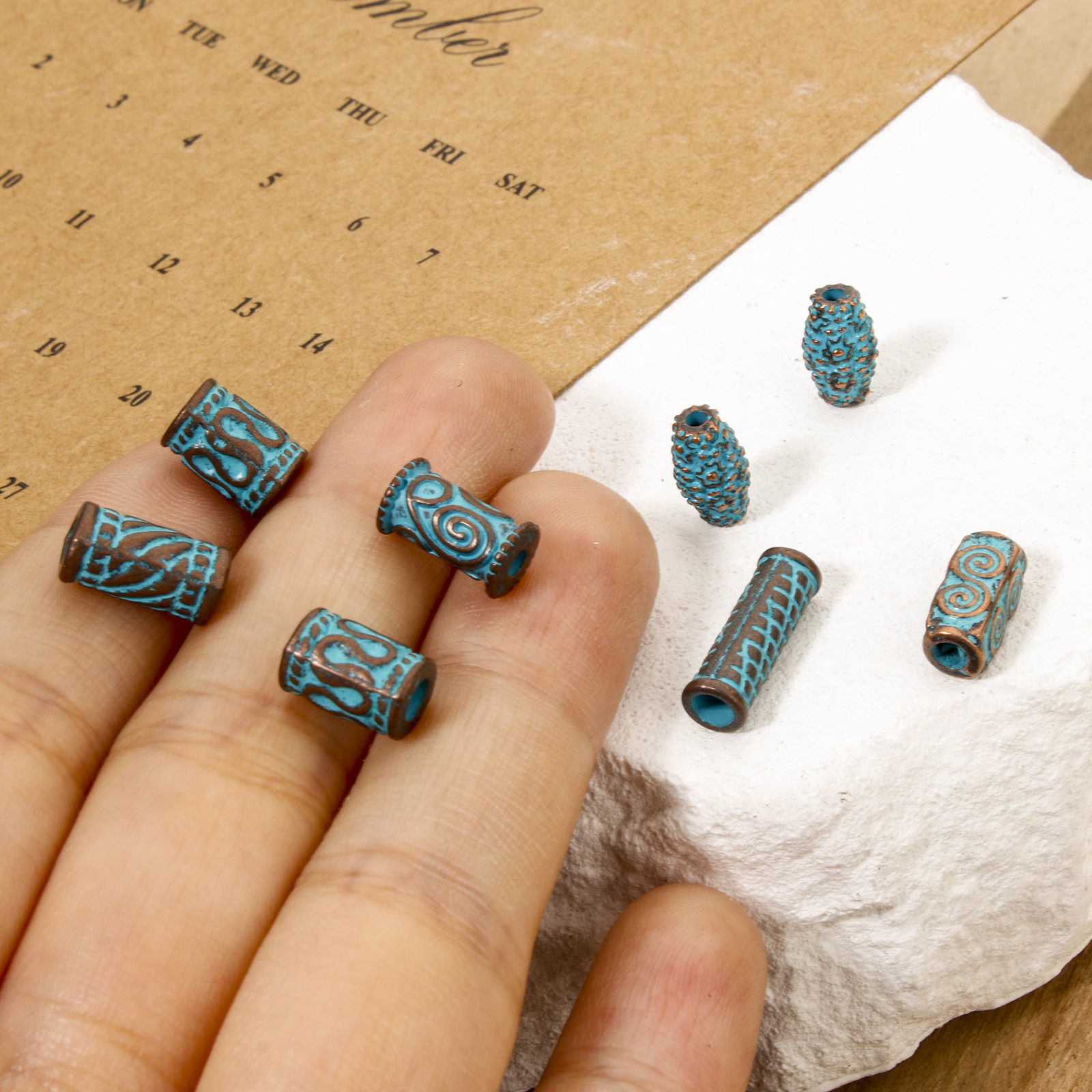 Picture of Zinc Based Alloy Spacer Beads For DIY Jewelry Making Antique Copper Blue Cylinder Spiral Patina Finish Verdigris Effect