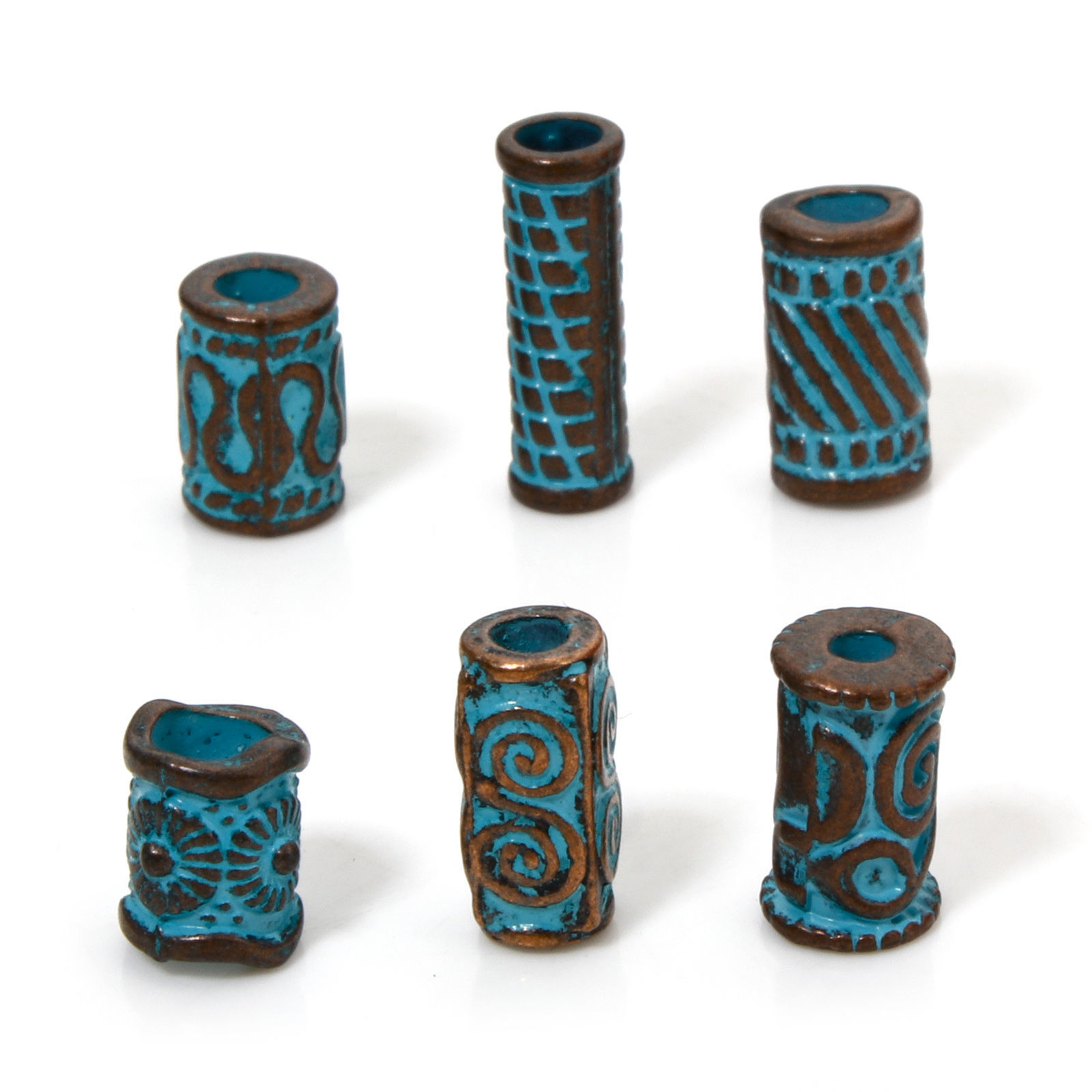 Picture of Zinc Based Alloy Spacer Beads For DIY Jewelry Making Antique Copper Blue Cylinder Spiral Patina Finish Verdigris Effect