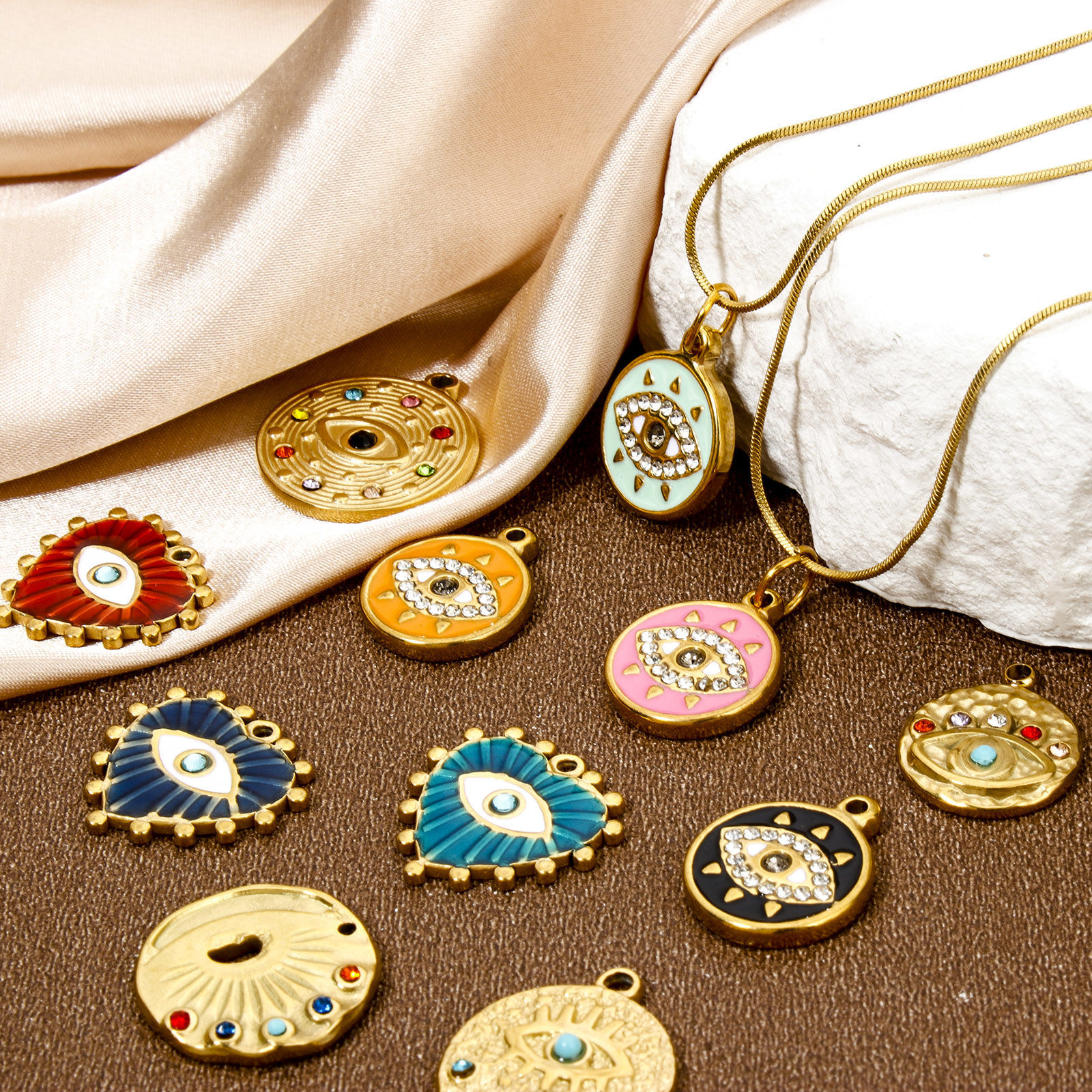 Picture of Eco-friendly Vacuum Plating 304 Stainless Steel Religious Charmes Gold Plated Evil Eye Rhinestone