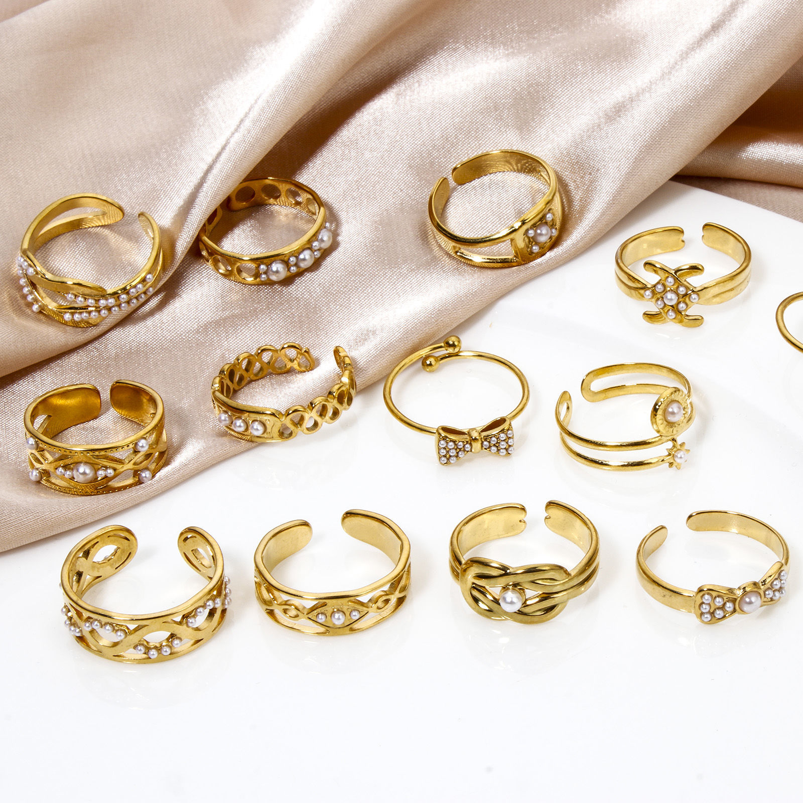 Picture of Vacuum Plating 304 Stainless Steel Open Rings 18K Gold Plated Acrylic Imitation Pearl