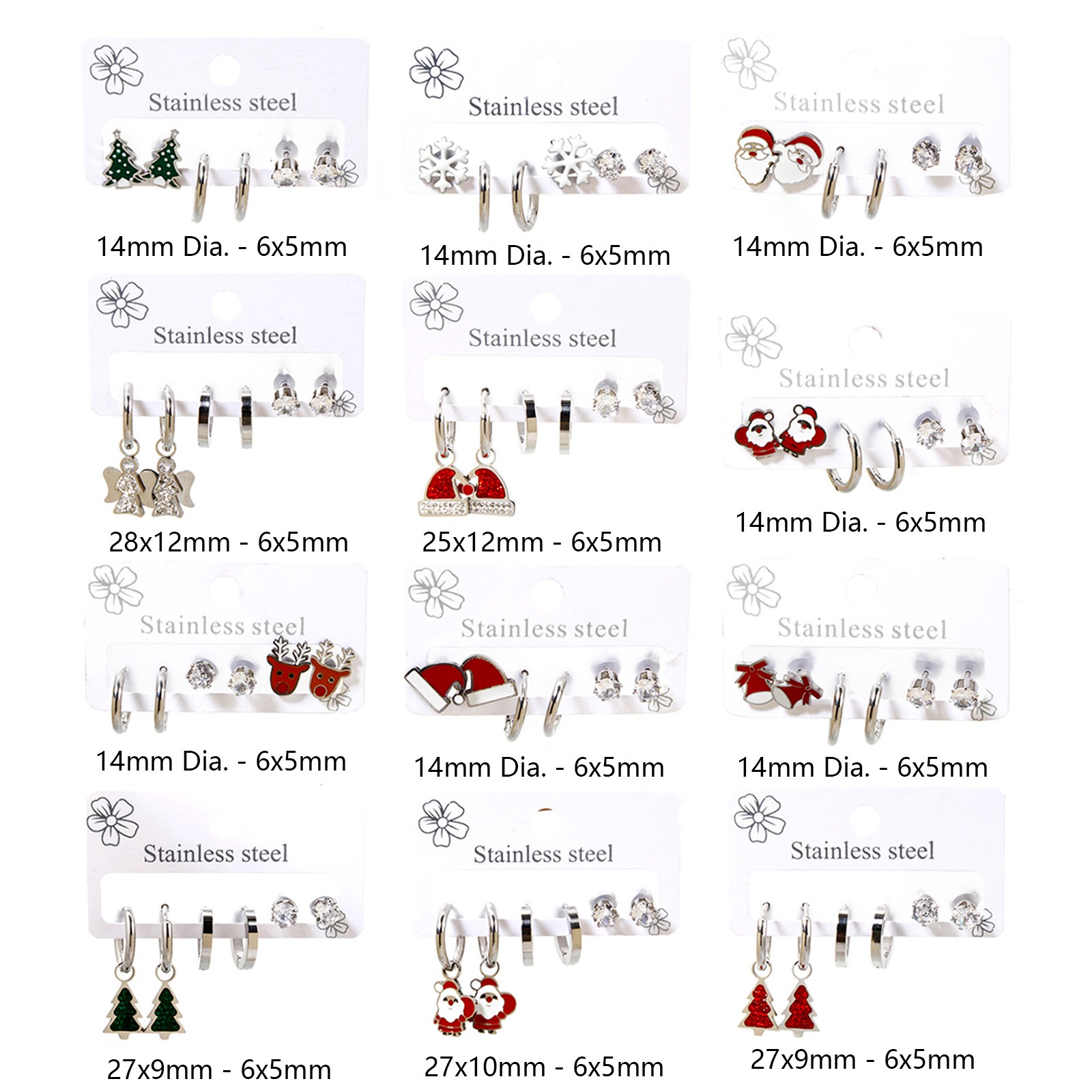 Picture of 304 Stainless Steel Ear Post Stud Earrings Set Silver Tone Christmas