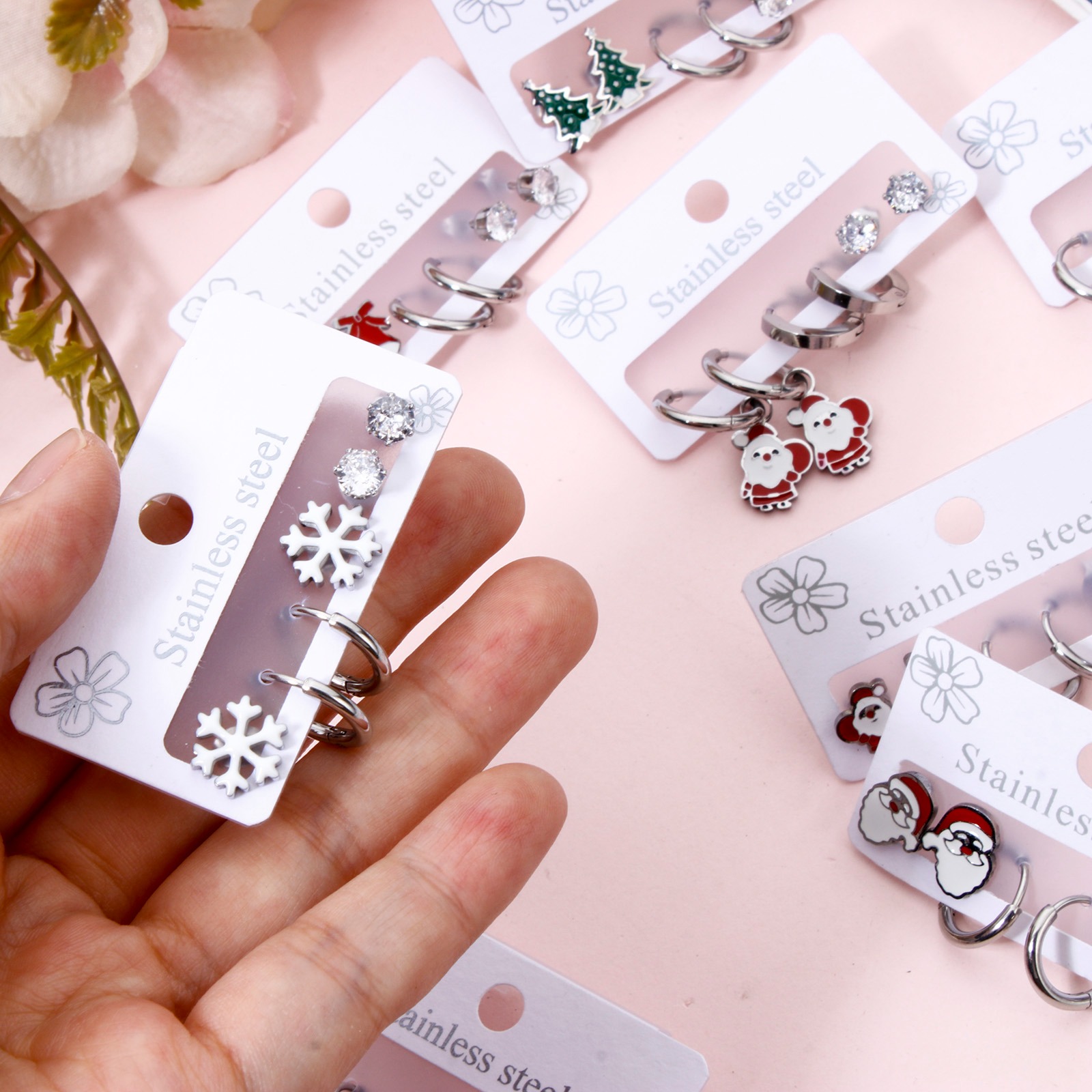 Picture of 304 Stainless Steel Ear Post Stud Earrings Set Silver Tone Christmas