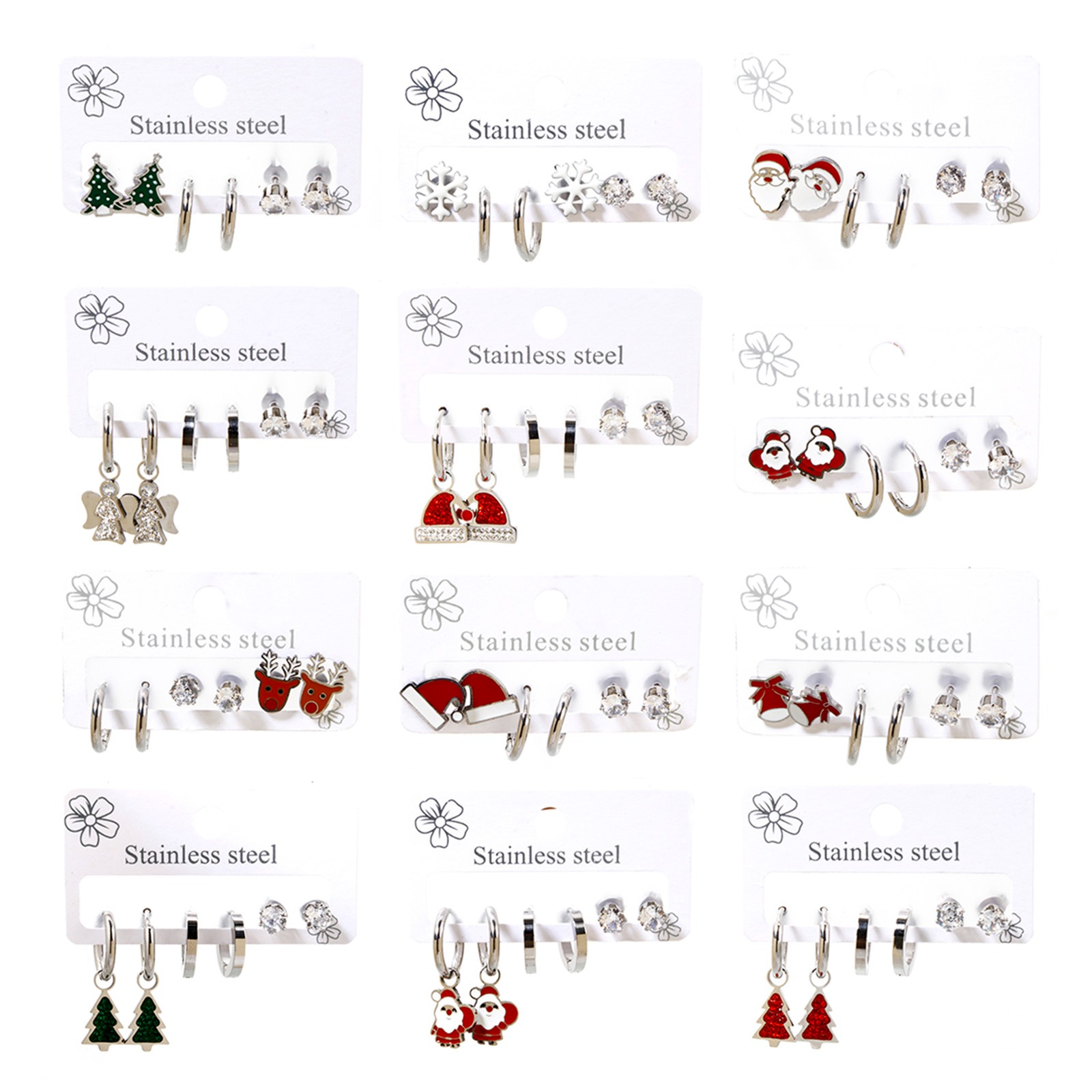 Picture of 304 Stainless Steel Ear Post Stud Earrings Set Silver Tone Christmas