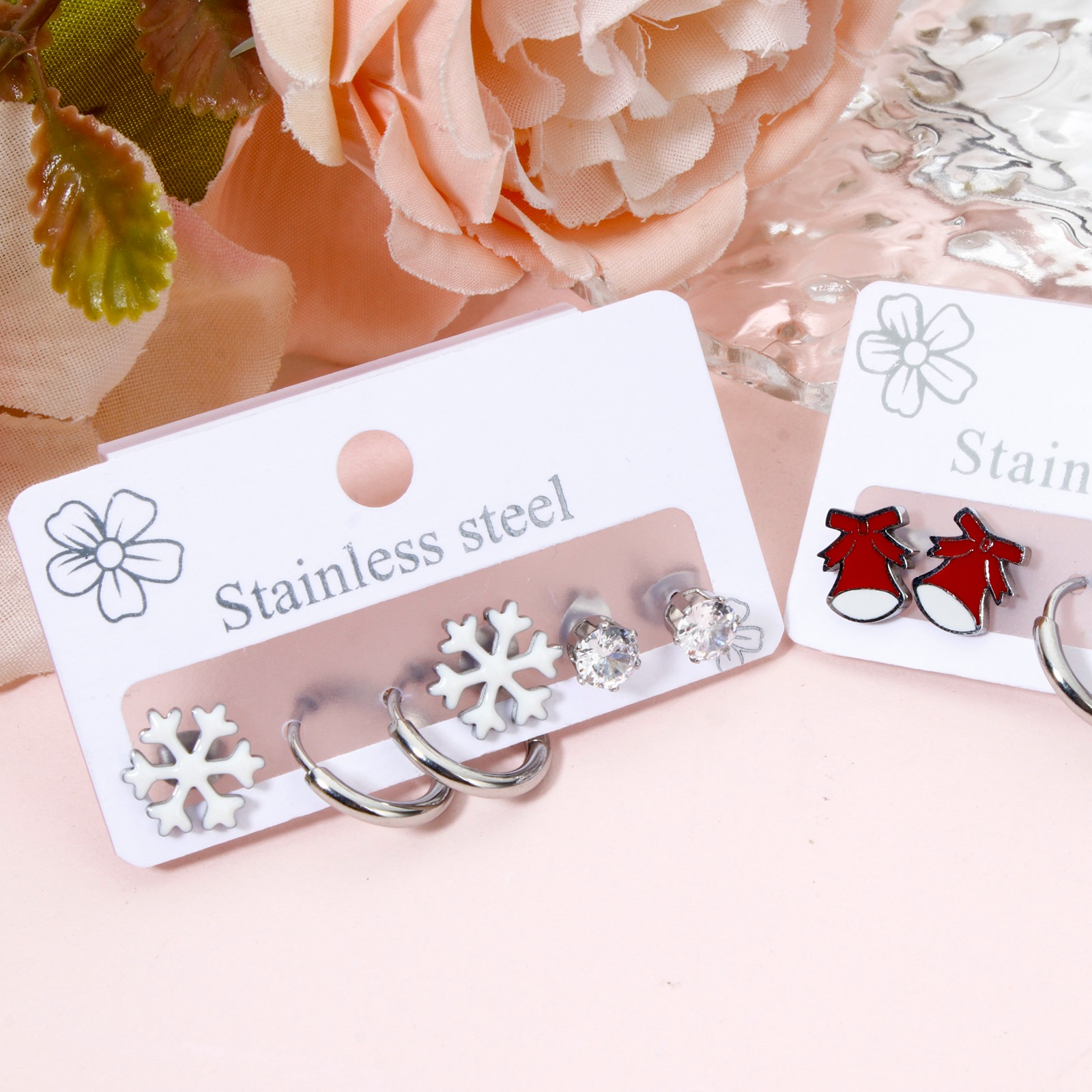 Picture of 304 Stainless Steel Ear Post Stud Earrings Set Silver Tone Christmas