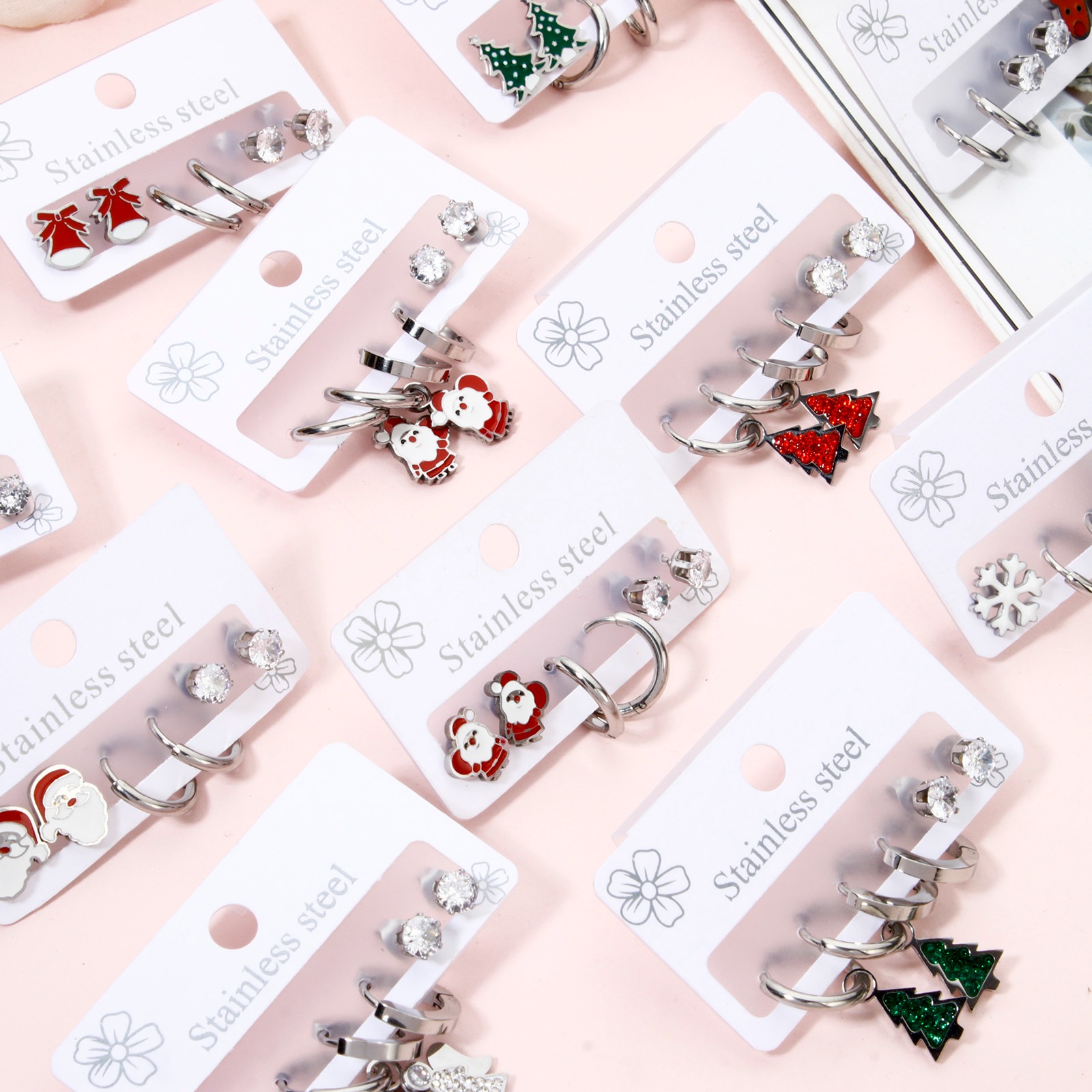 Picture of 304 Stainless Steel Ear Post Stud Earrings Set Silver Tone Christmas