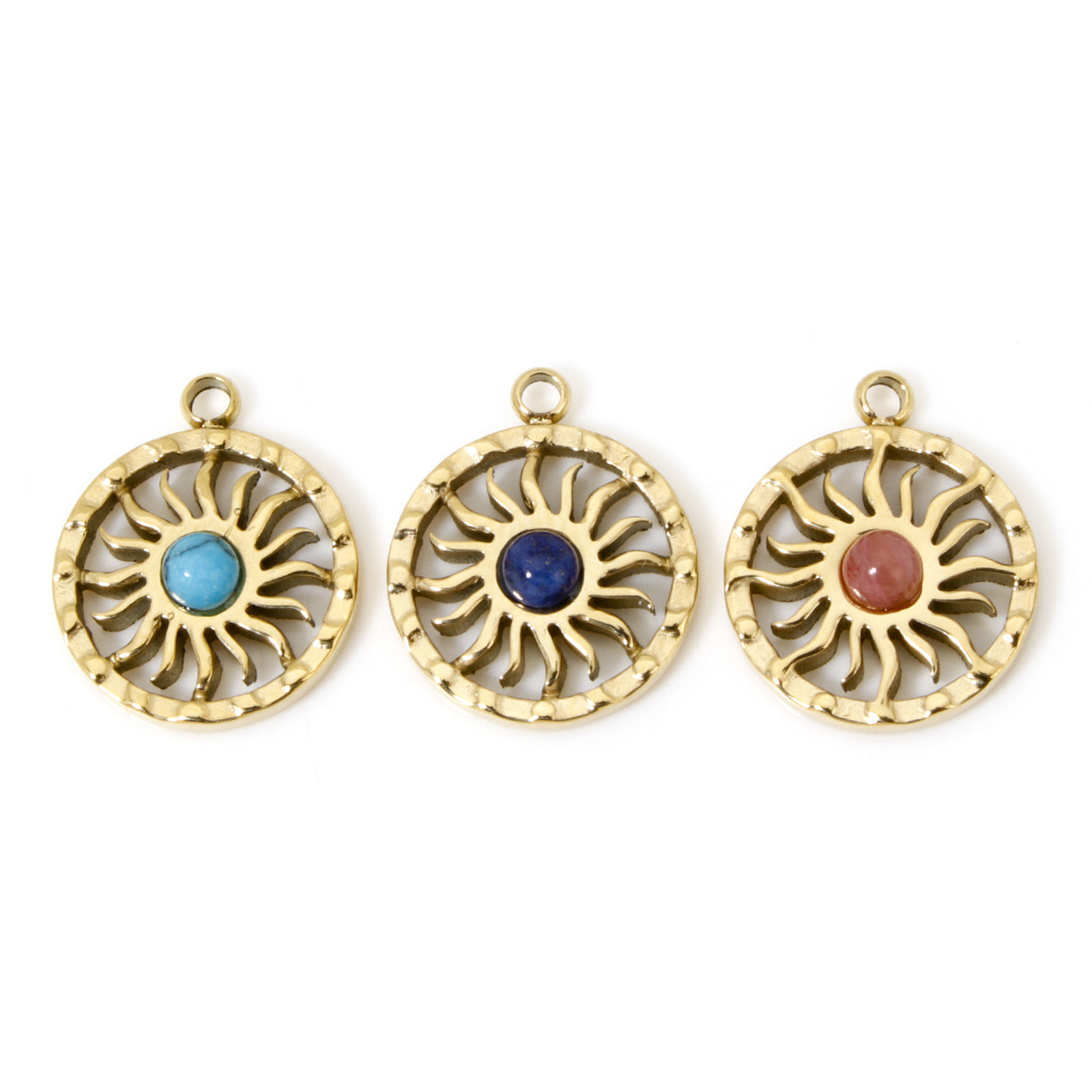 Picture of Eco-friendly Vacuum Plating 304 Stainless Steel Galaxy Charms 14K Real Gold Plated Round Disc Sun With Synthetic Gemstone Cabochons 15mm x 12mm