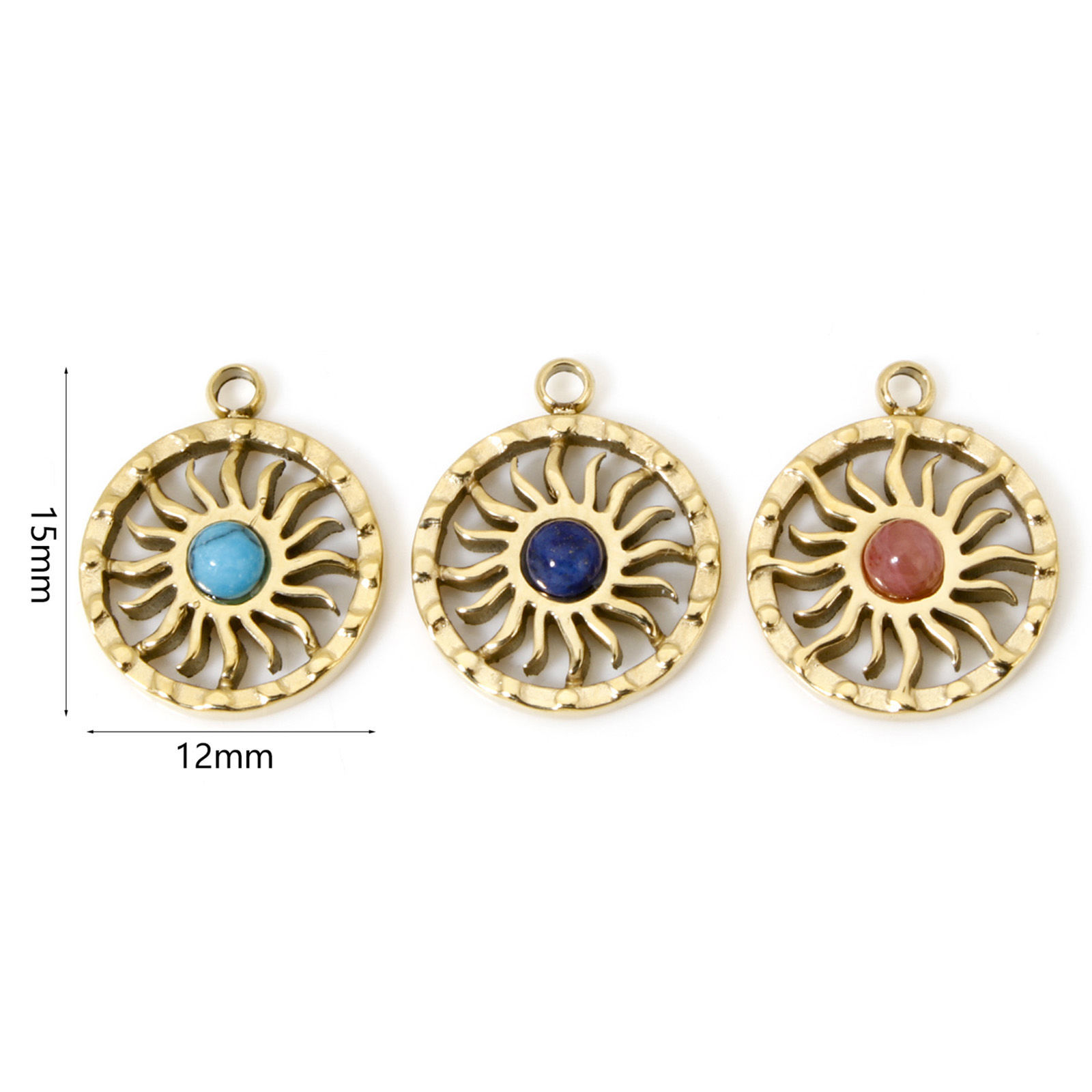 Picture of Eco-friendly Vacuum Plating 304 Stainless Steel Galaxy Charms 14K Real Gold Plated Round Disc Sun With Synthetic Gemstone Cabochons 15mm x 12mm