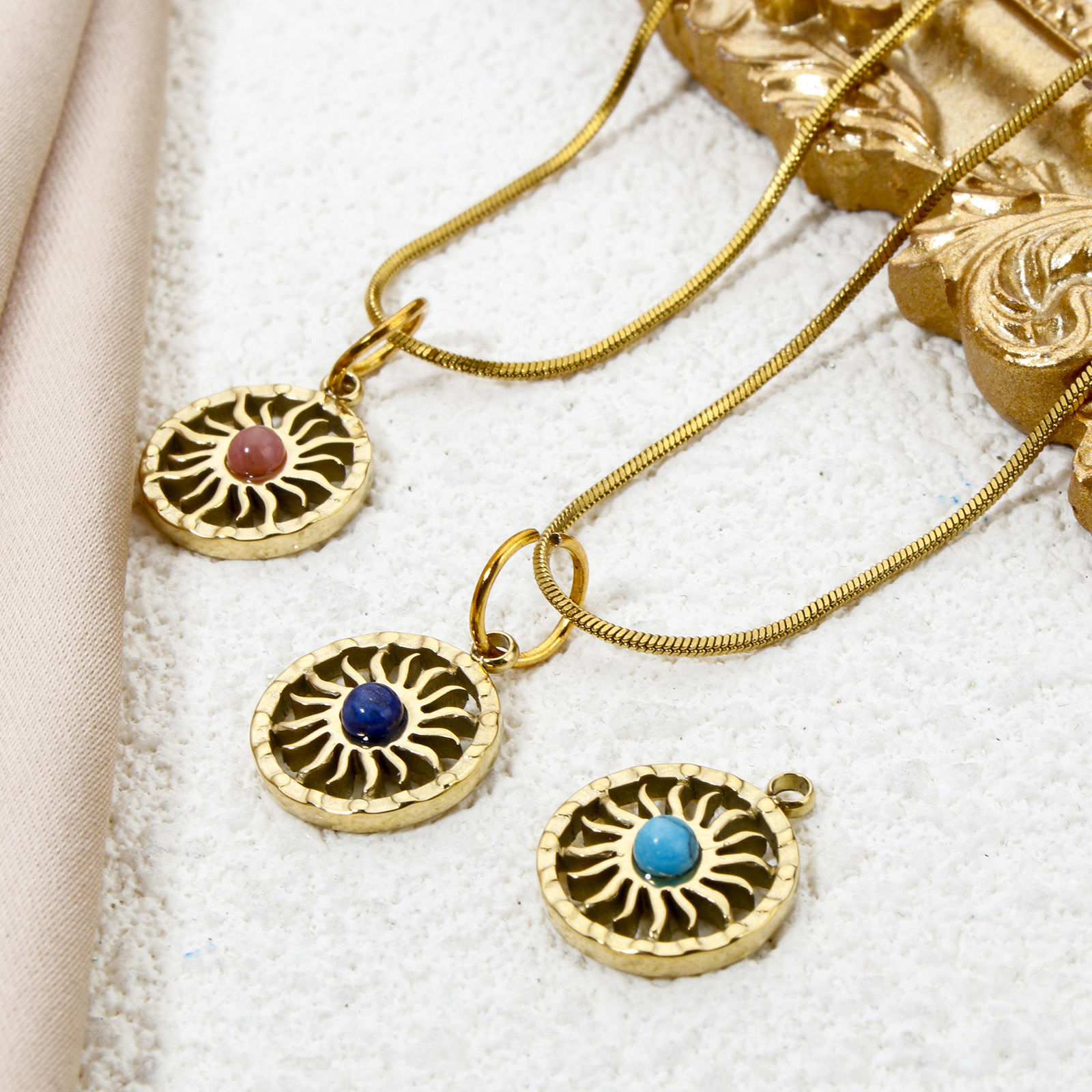 Picture of Eco-friendly Vacuum Plating 304 Stainless Steel Galaxy Charms 14K Real Gold Plated Round Disc Sun With Synthetic Gemstone Cabochons 15mm x 12mm