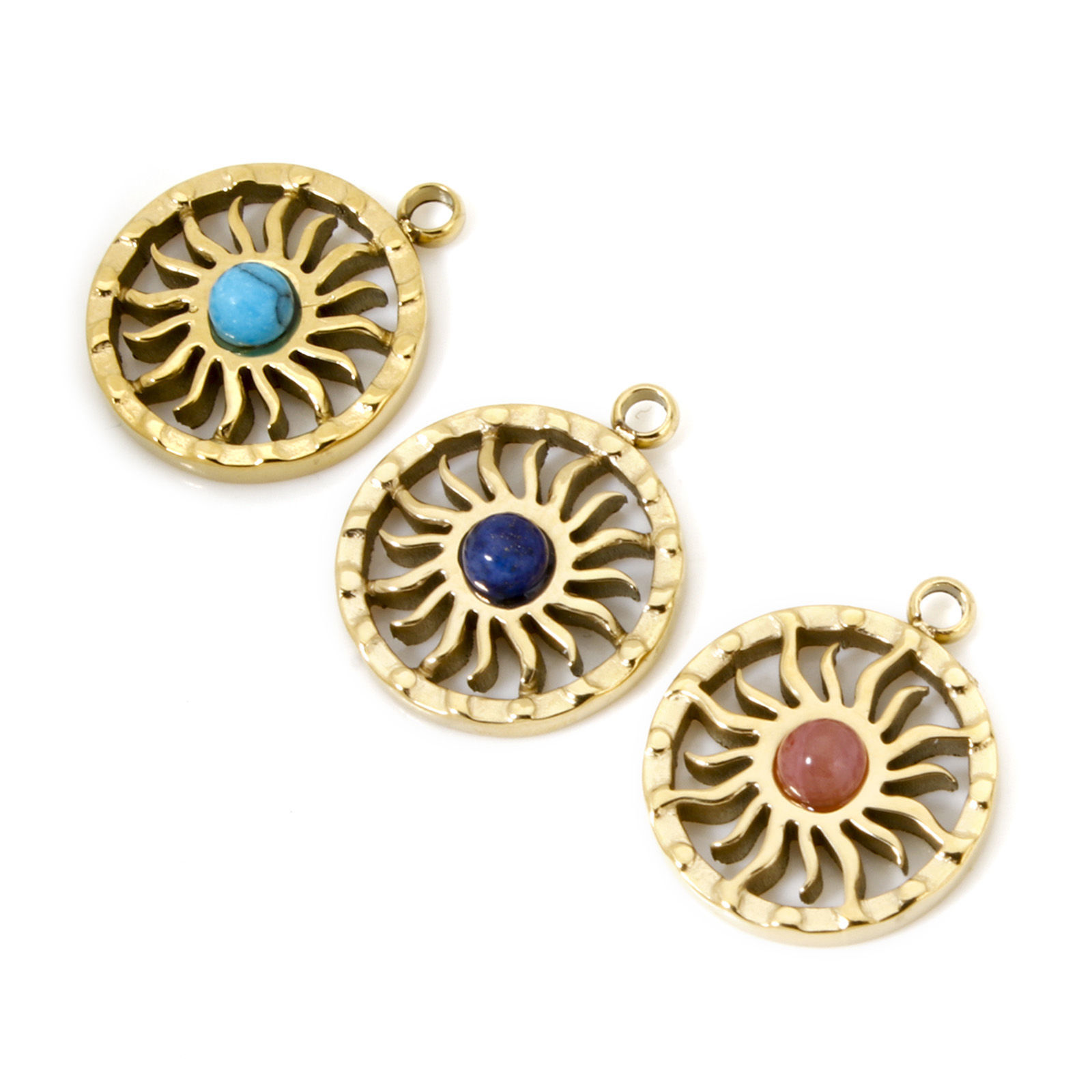 Picture of Eco-friendly Vacuum Plating 304 Stainless Steel Galaxy Charms 14K Real Gold Plated Round Disc Sun With Synthetic Gemstone Cabochons 15mm x 12mm