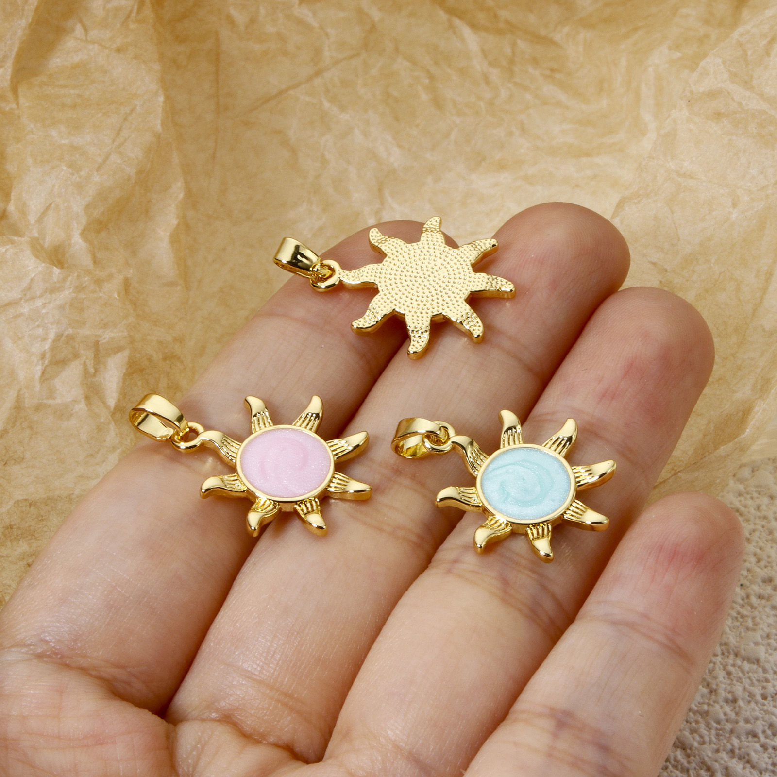 Picture of 2 PCs Brass Galaxy Charm Pendant Real Gold Plated Pearlized Sun Enamel 25mm x 18mm