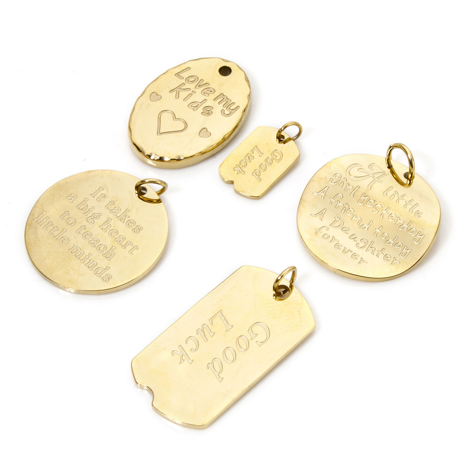 Picture of Eco-friendly Vacuum Plating 304 Stainless Steel Charms 18K Real Gold Plated Round Oval Message " Goodluck "