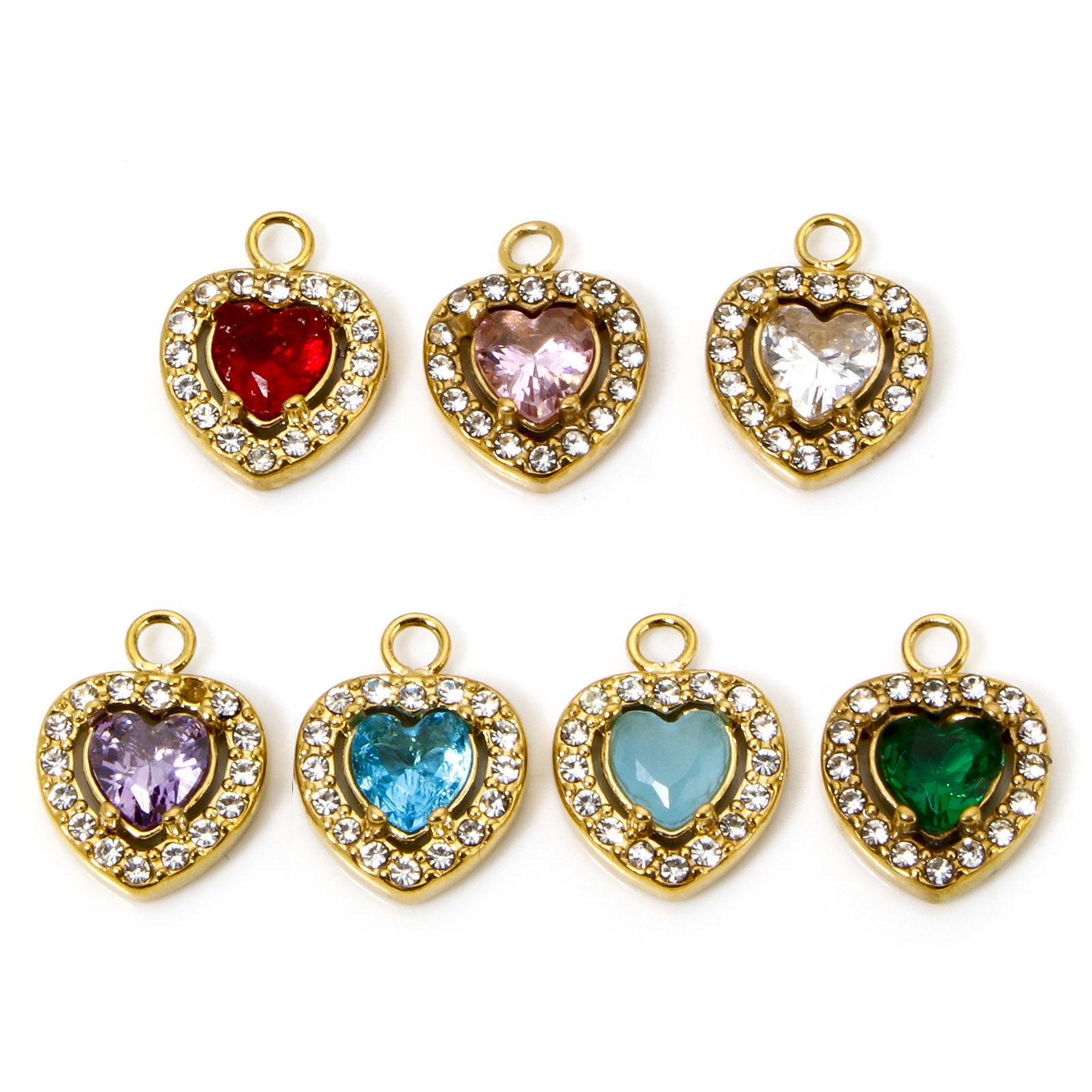 Picture of Eco-friendly Vacuum Plating 304 Stainless Steel Valentine's Day Charms Gold Plated Heart Multicolour Cubic Zirconia 13mm x 10mm