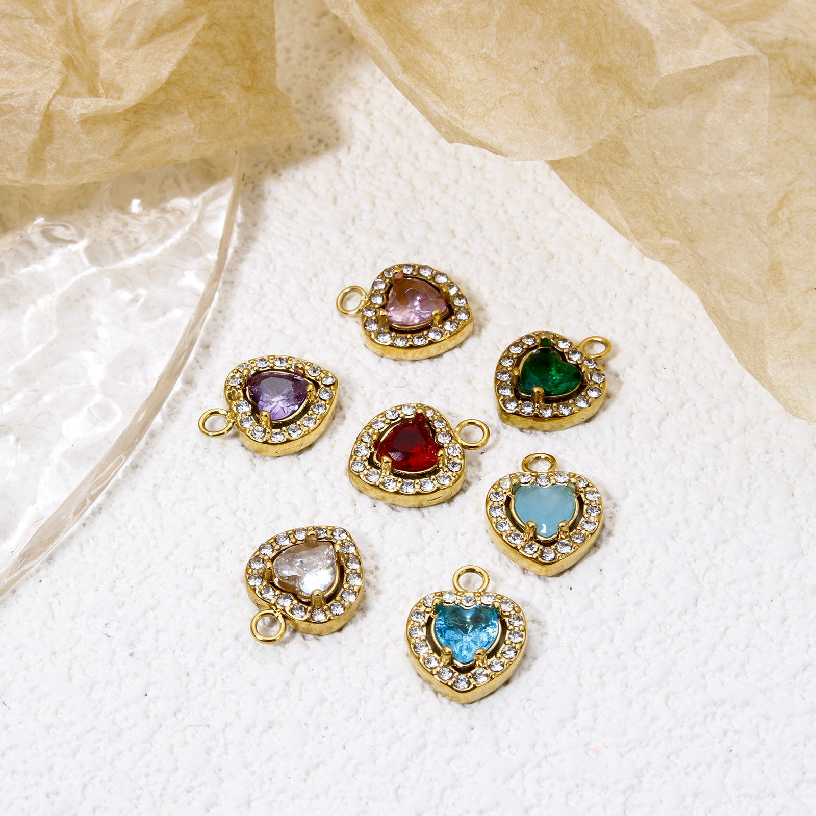 Picture of Eco-friendly Vacuum Plating 304 Stainless Steel Valentine's Day Charms Gold Plated Heart Multicolour Cubic Zirconia 13mm x 10mm