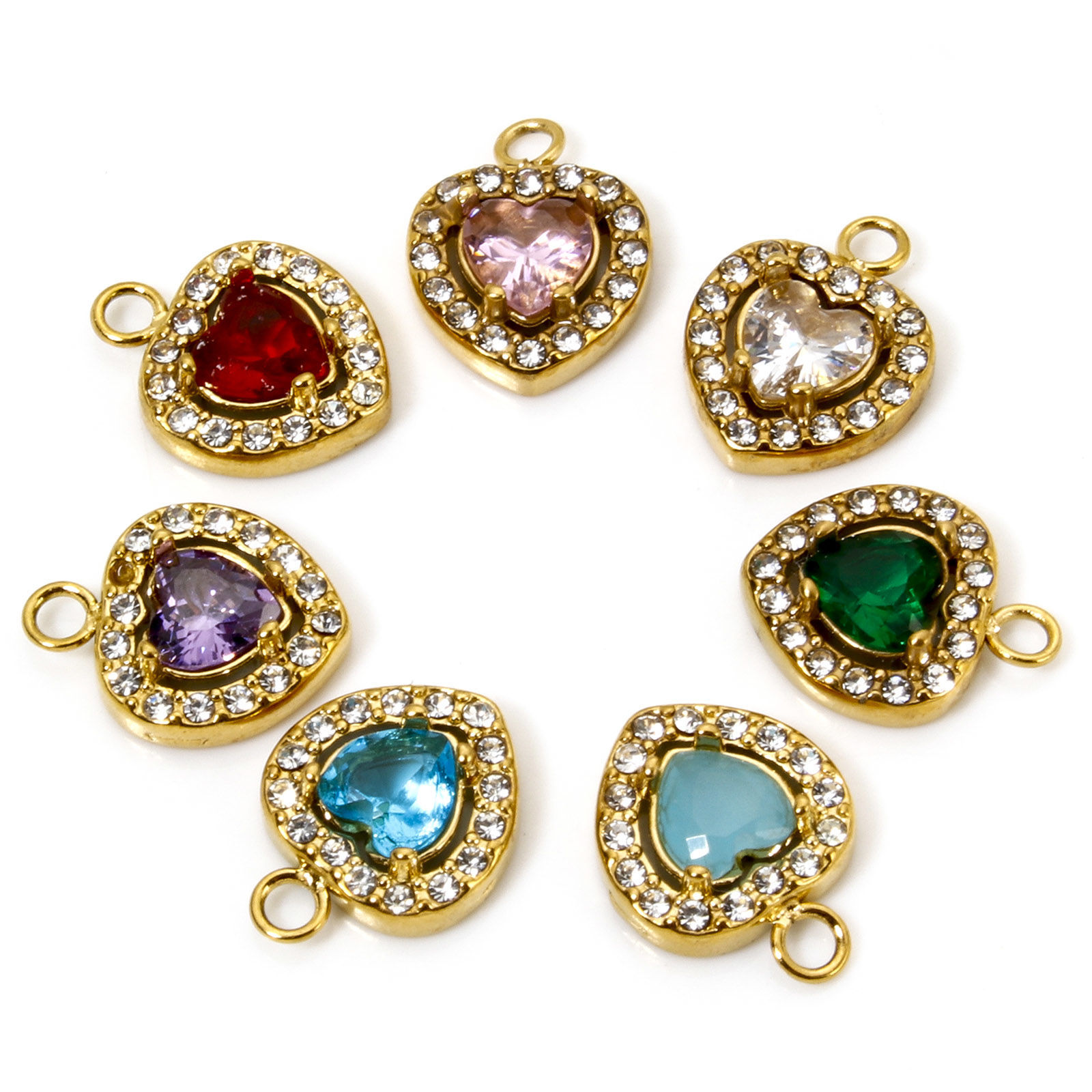 Picture of Eco-friendly Vacuum Plating 304 Stainless Steel Valentine's Day Charms Gold Plated Heart Multicolour Cubic Zirconia 13mm x 10mm