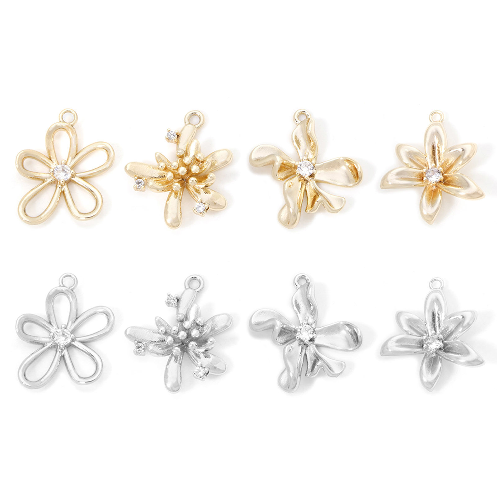 Picture of Eco-friendly Brass Charms Real Gold Plated Flower Hollow Clear Cubic Zirconia