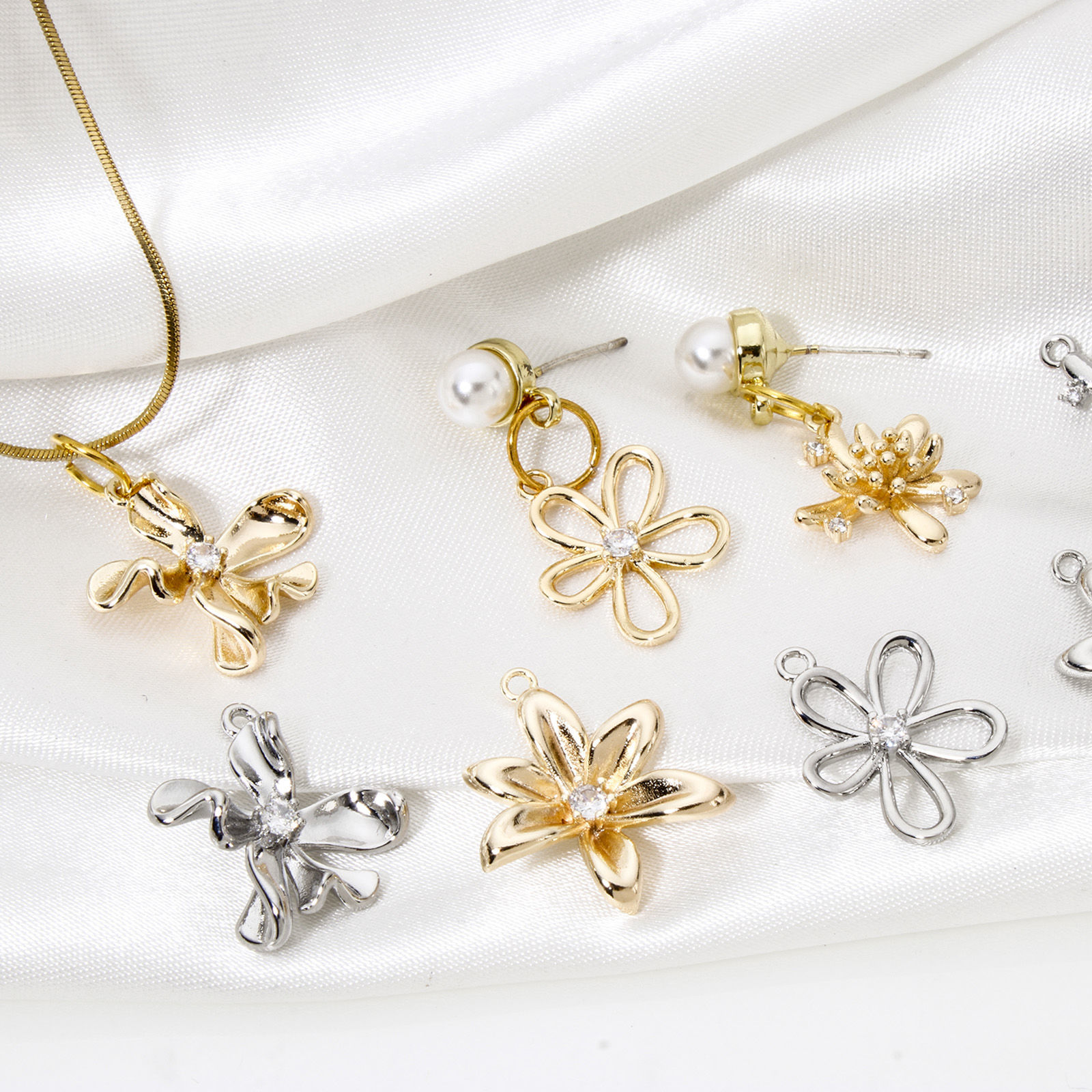 Picture of Eco-friendly Brass Charms Real Gold Plated Flower Hollow Clear Cubic Zirconia