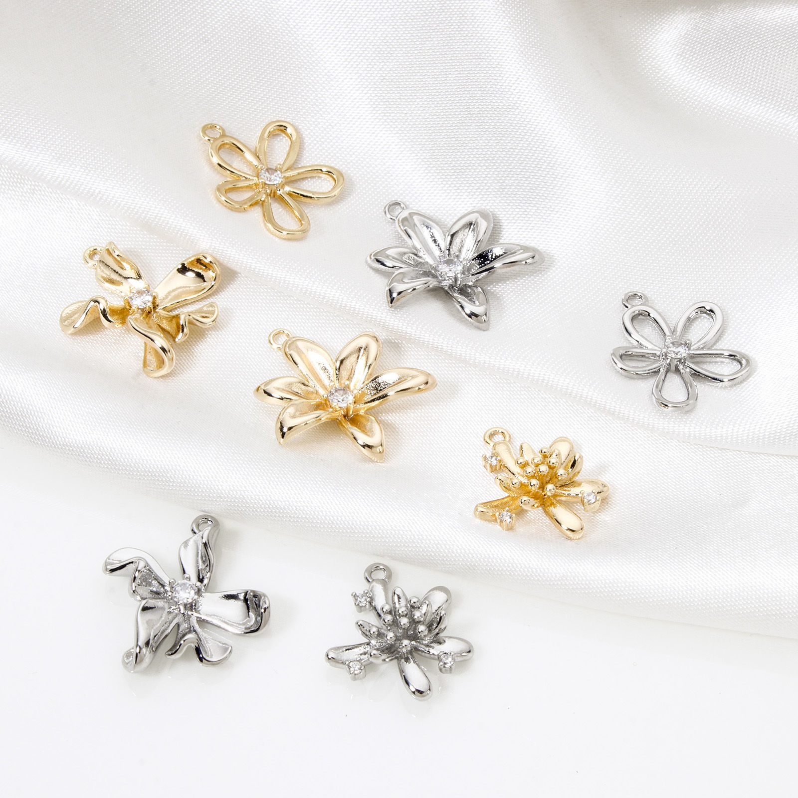 Picture of Eco-friendly Brass Charms Real Gold Plated Flower Hollow Clear Cubic Zirconia