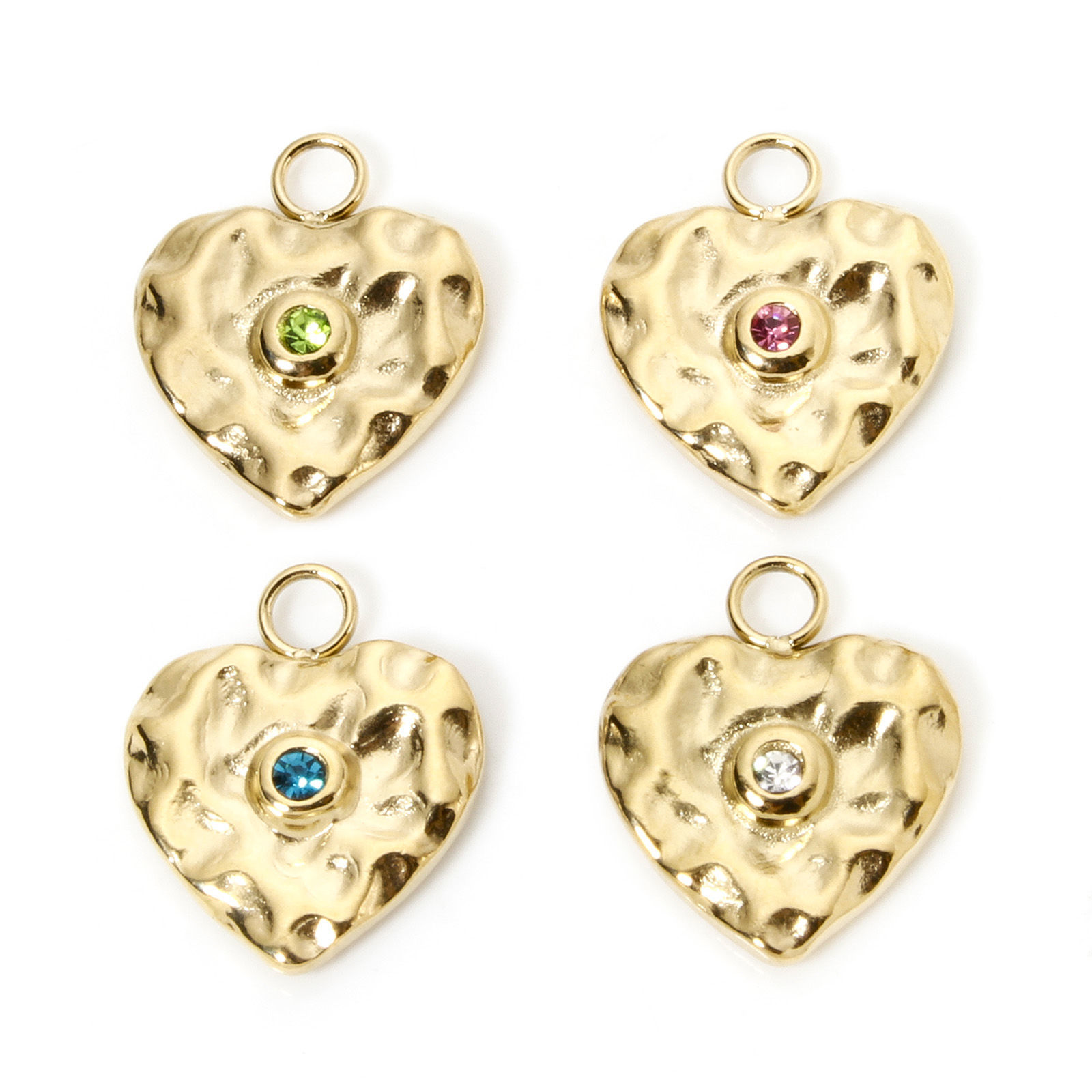 Picture of Eco-friendly Vacuum Plating 304 Stainless Steel Valentine's Day Charms 14K Real Gold Plated Heart Hammered Multicolor Rhinestone 16.5mm x 14mm