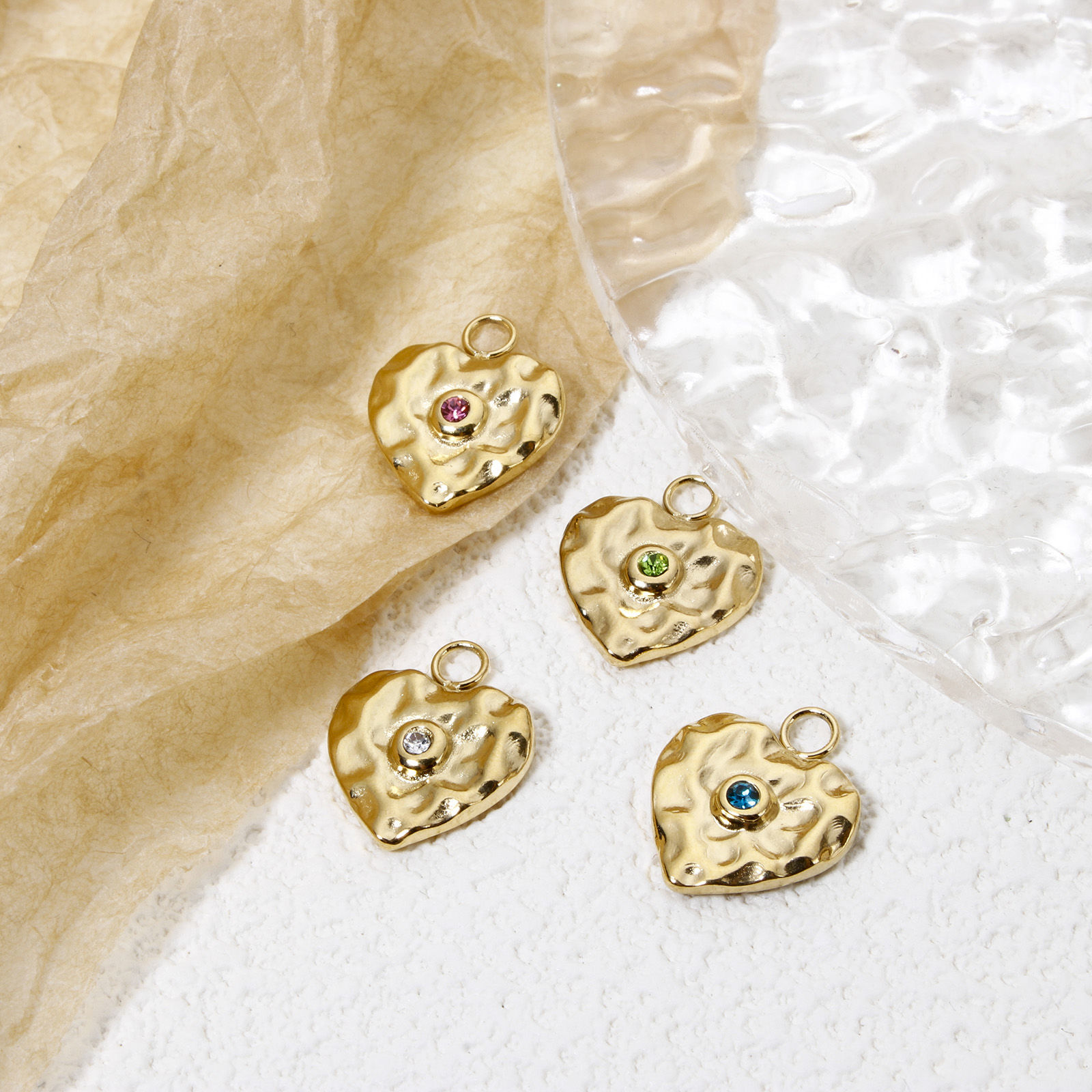 Picture of Eco-friendly Vacuum Plating 304 Stainless Steel Valentine's Day Charms 14K Real Gold Plated Heart Hammered Multicolor Rhinestone 16.5mm x 14mm