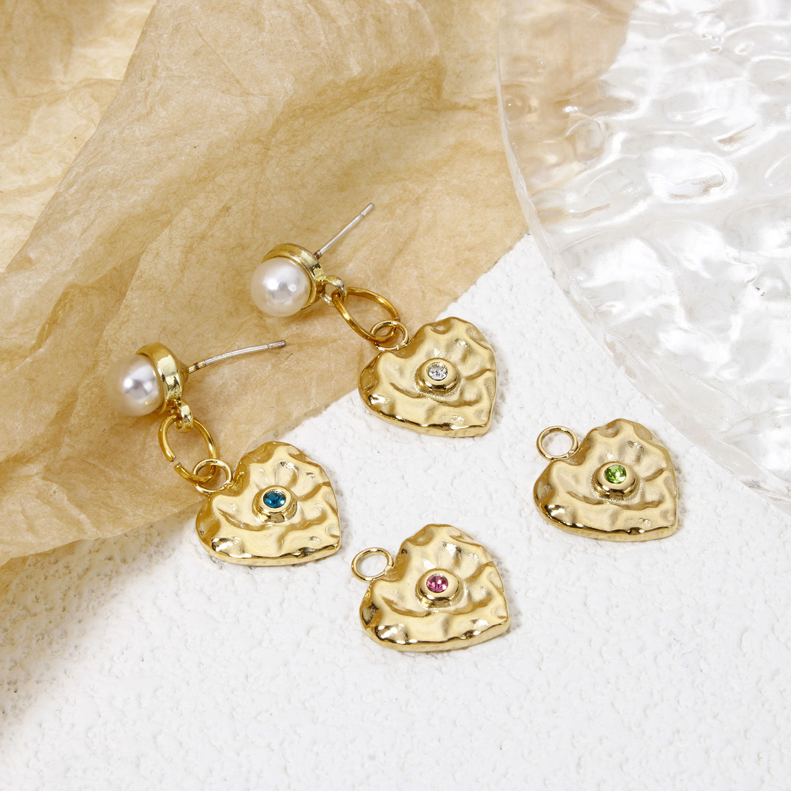 Picture of Eco-friendly Vacuum Plating 304 Stainless Steel Valentine's Day Charms 14K Real Gold Plated Heart Hammered Multicolor Rhinestone 16.5mm x 14mm