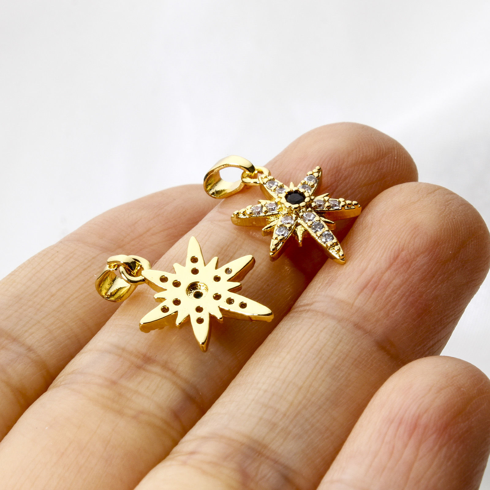 Picture of 2 PCs Brass Galaxy Charm Pendant Real Gold Plated Star Micro Pave Clear Cubic Zirconia 20mm x 11mm