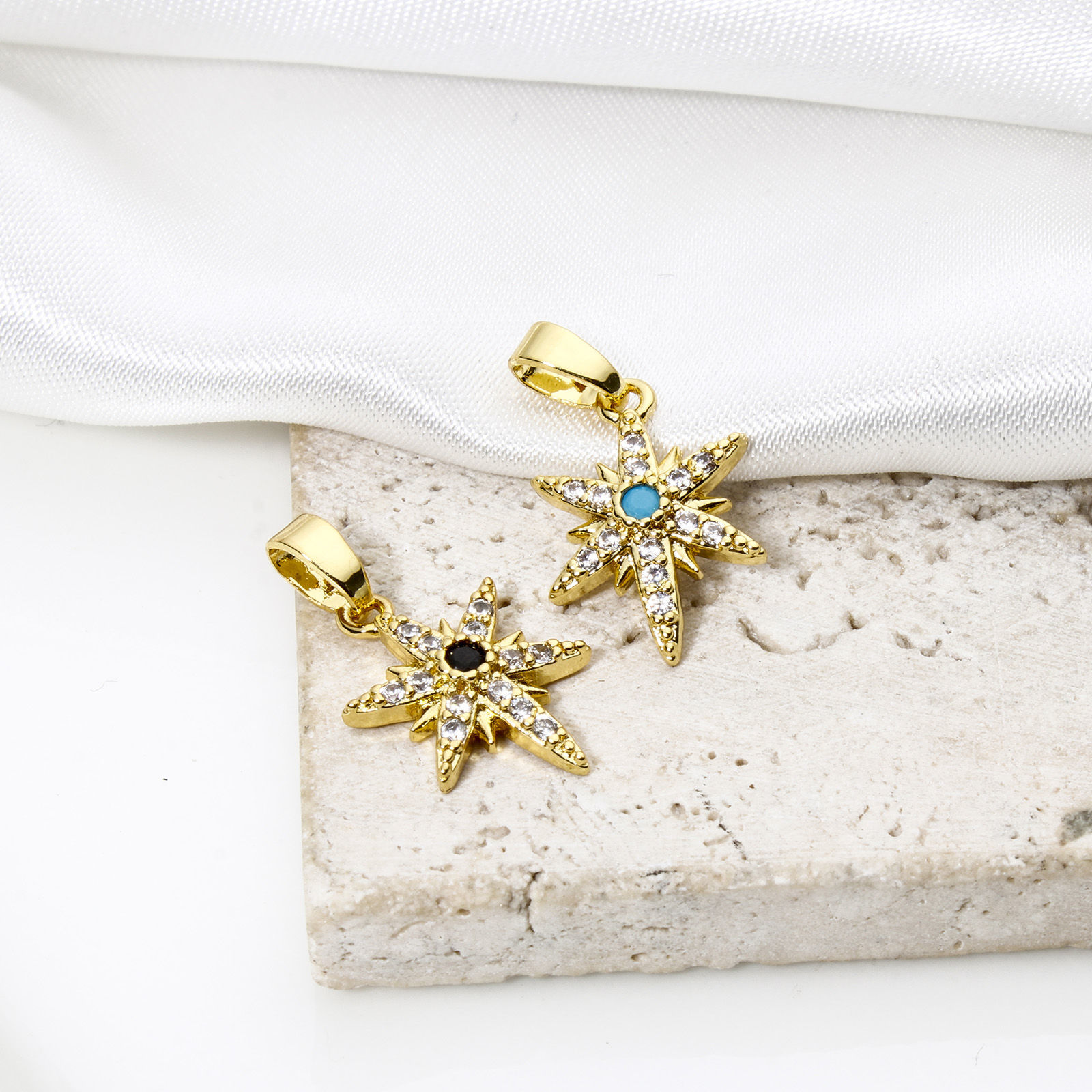 Picture of 2 PCs Brass Galaxy Charm Pendant Real Gold Plated Star Micro Pave Clear Cubic Zirconia 20mm x 11mm