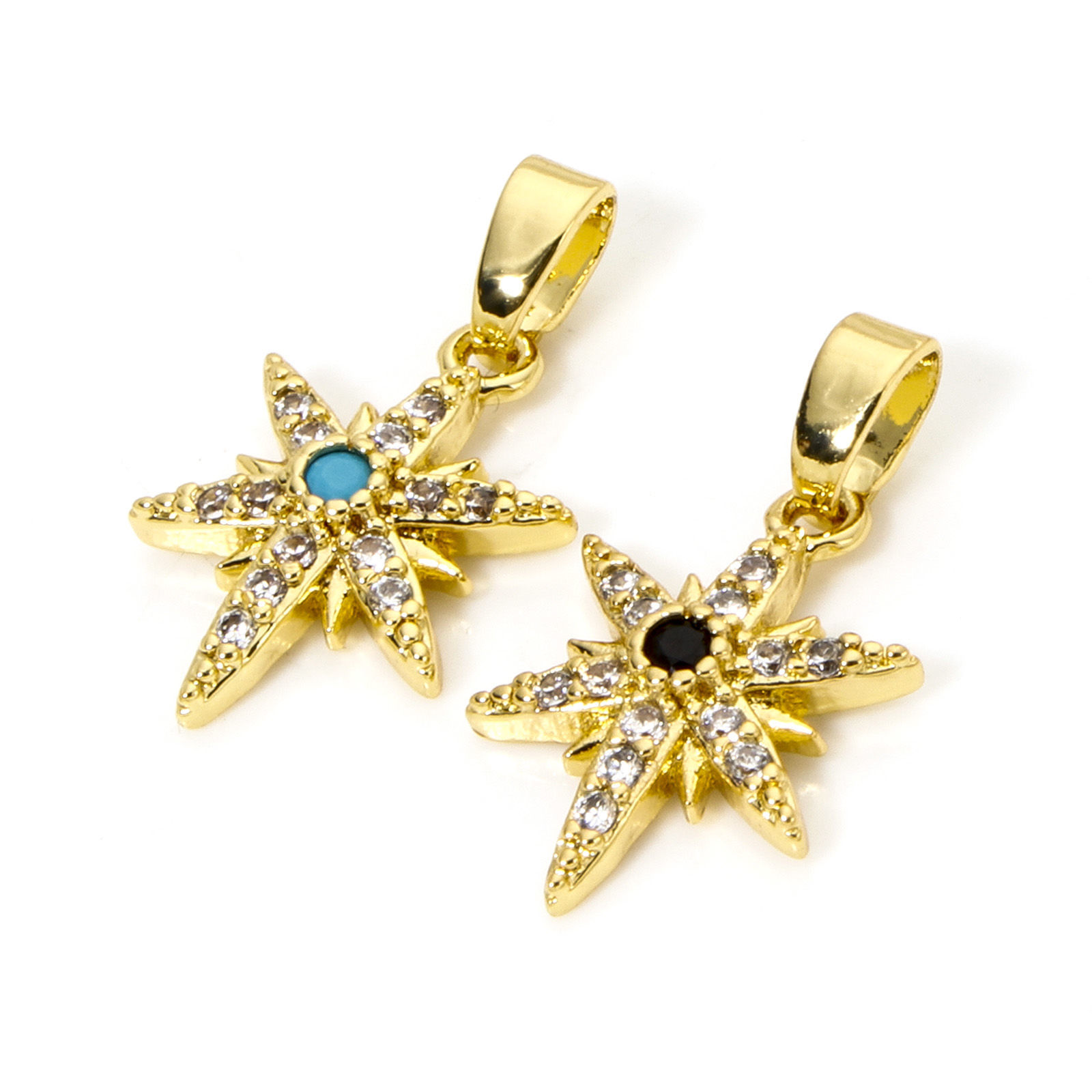 Picture of 2 PCs Brass Galaxy Charm Pendant Real Gold Plated Star Micro Pave Clear Cubic Zirconia 20mm x 11mm
