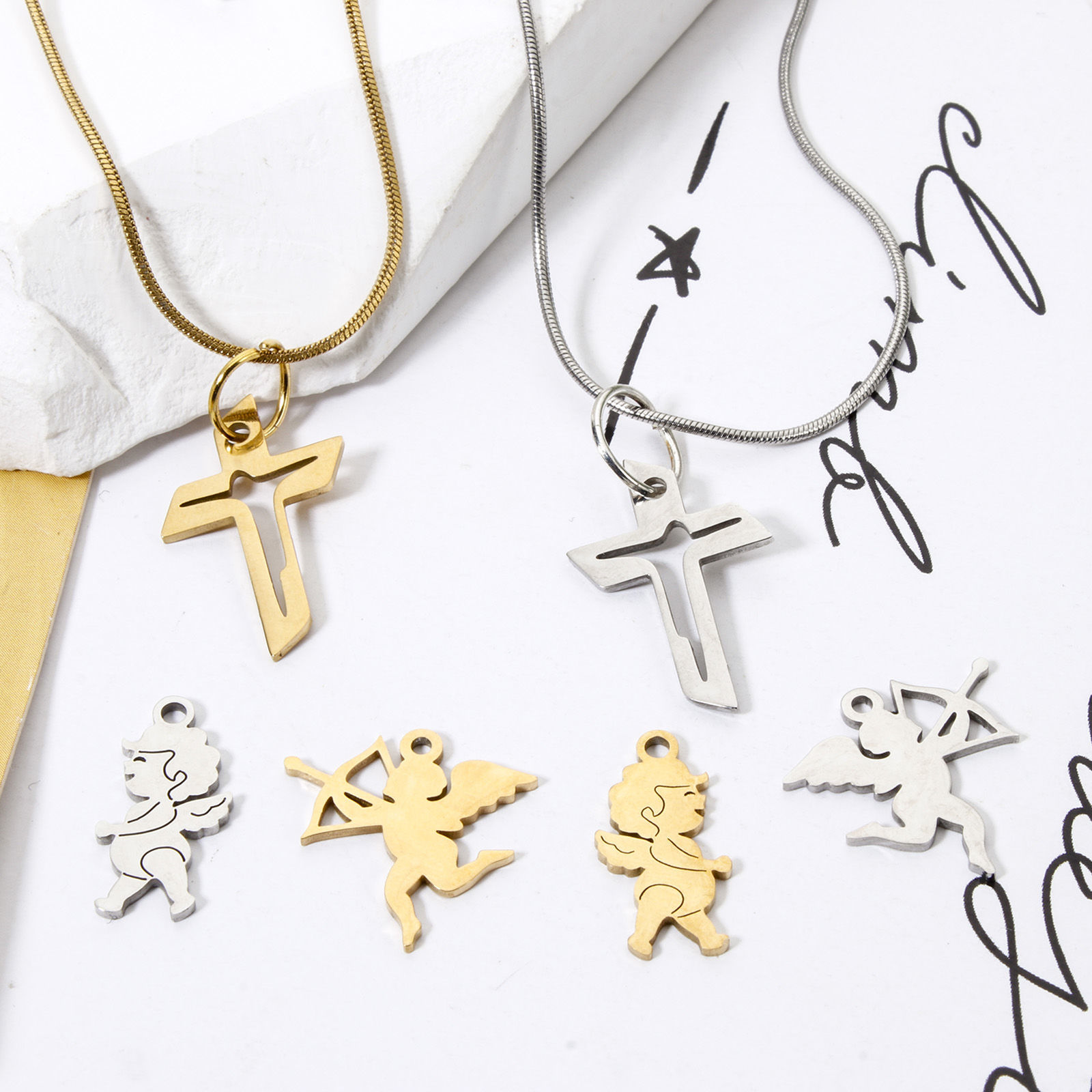 Picture of 304 Stainless Steel Religious Charms Cross Angel Hollow