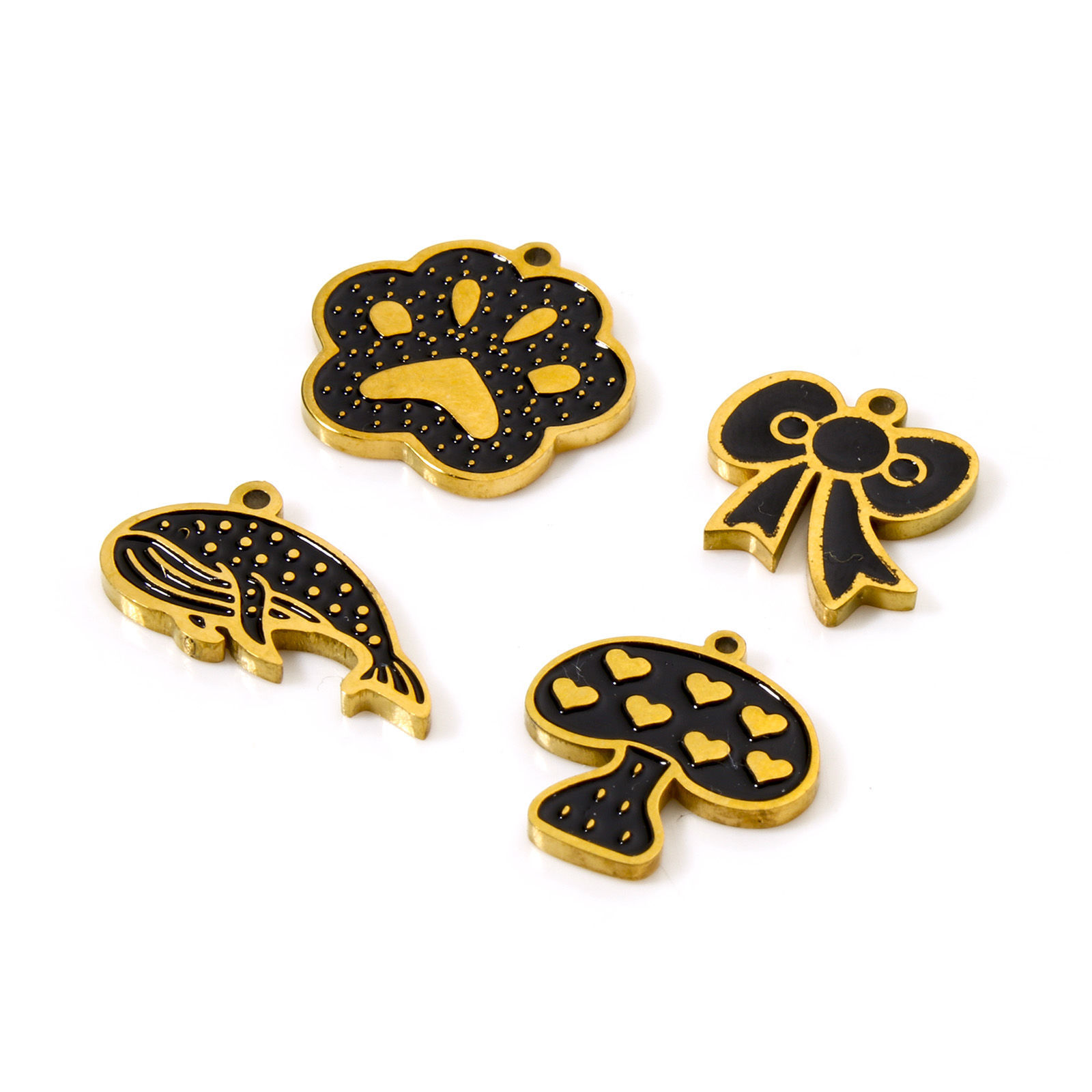 Picture of Eco-friendly PVD Vacuum Plating 304 Stainless Steel Charms 18K Real Gold Plated Black Mushroom Paw Print Enamel