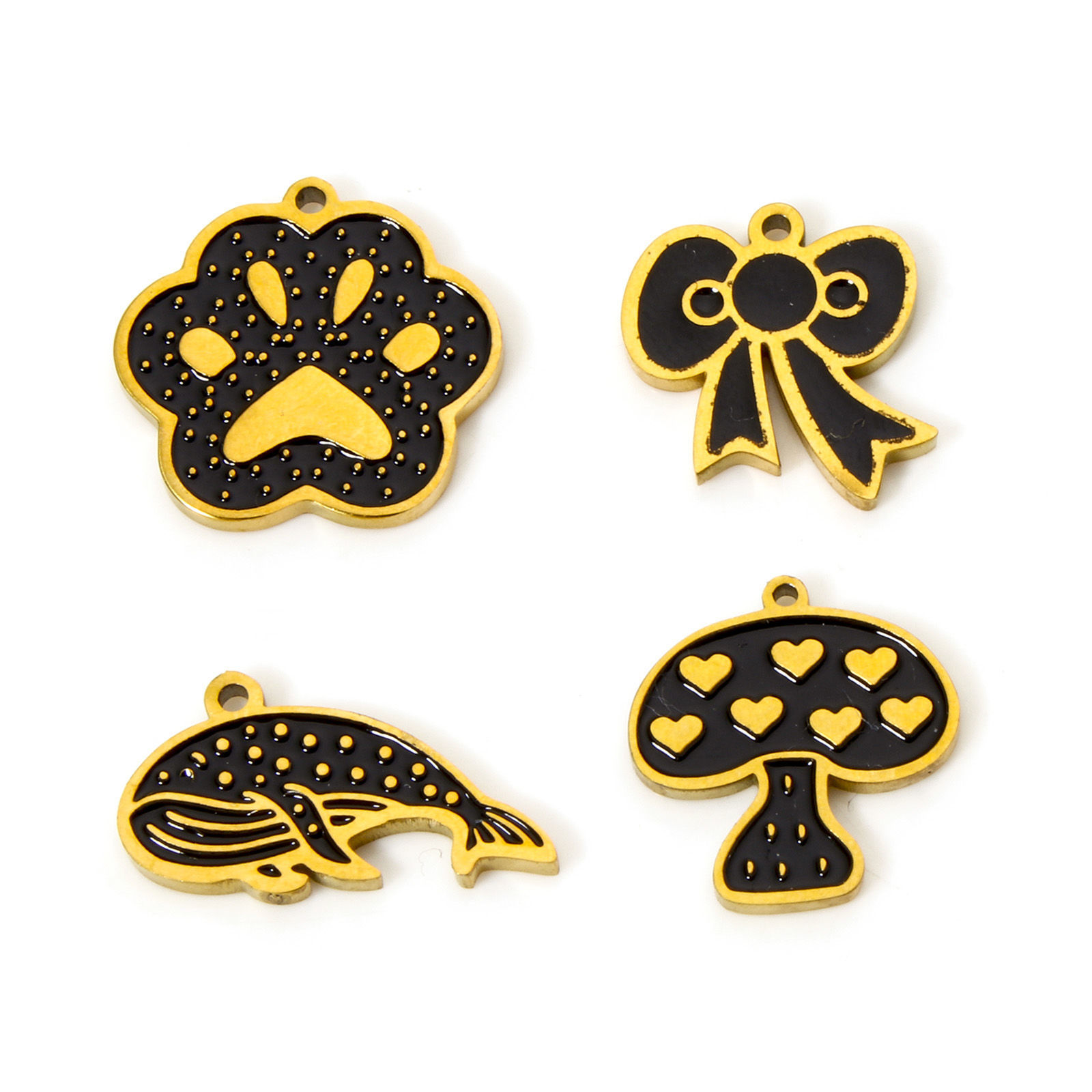 Picture of Eco-friendly PVD Vacuum Plating 304 Stainless Steel Charms 18K Real Gold Plated Black Mushroom Paw Print Enamel
