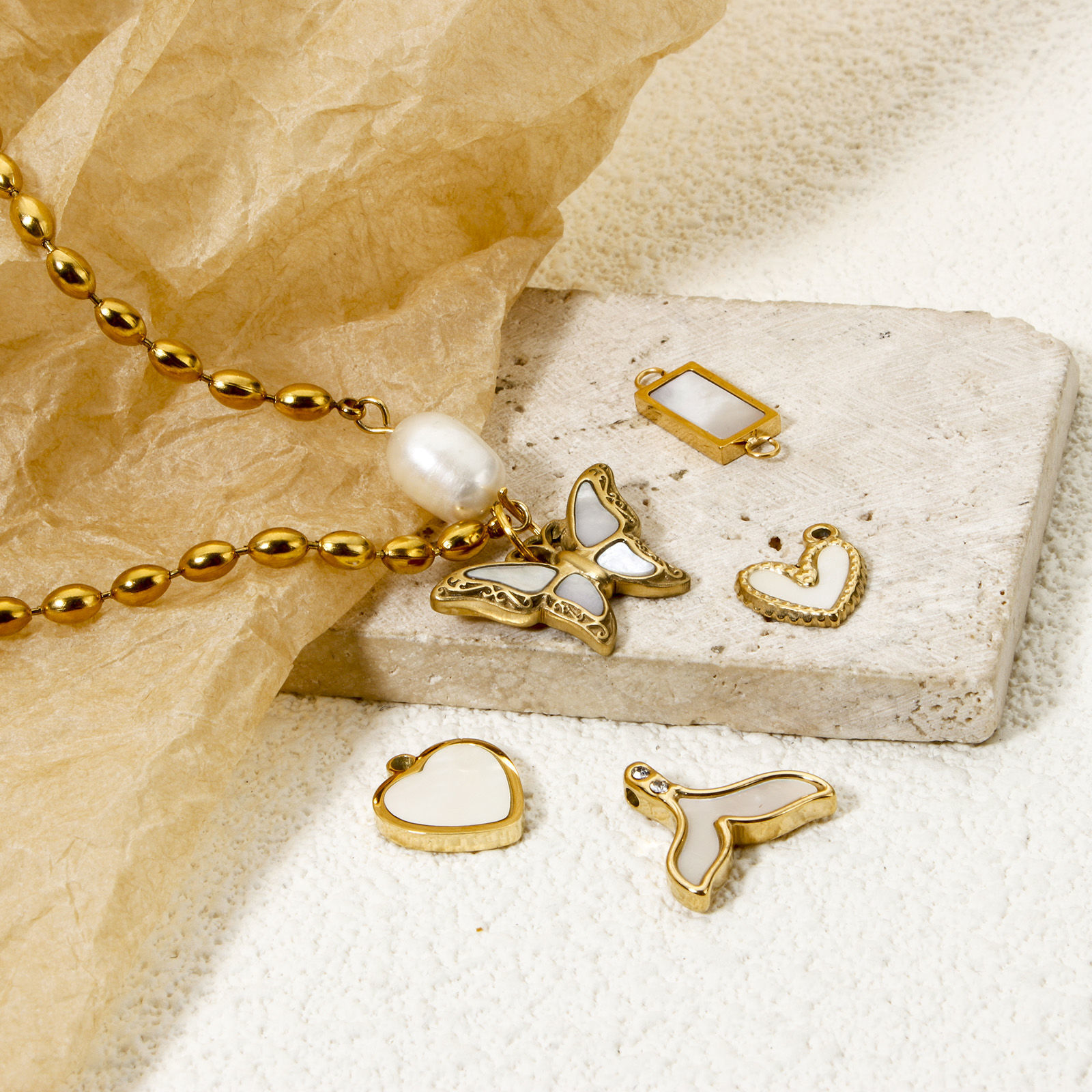 Picture of Eco-friendly PVD Vacuum Plating 304 Stainless Steel & Natural Shell Charms 14K Real Gold Plated Butterfly Animal Heart