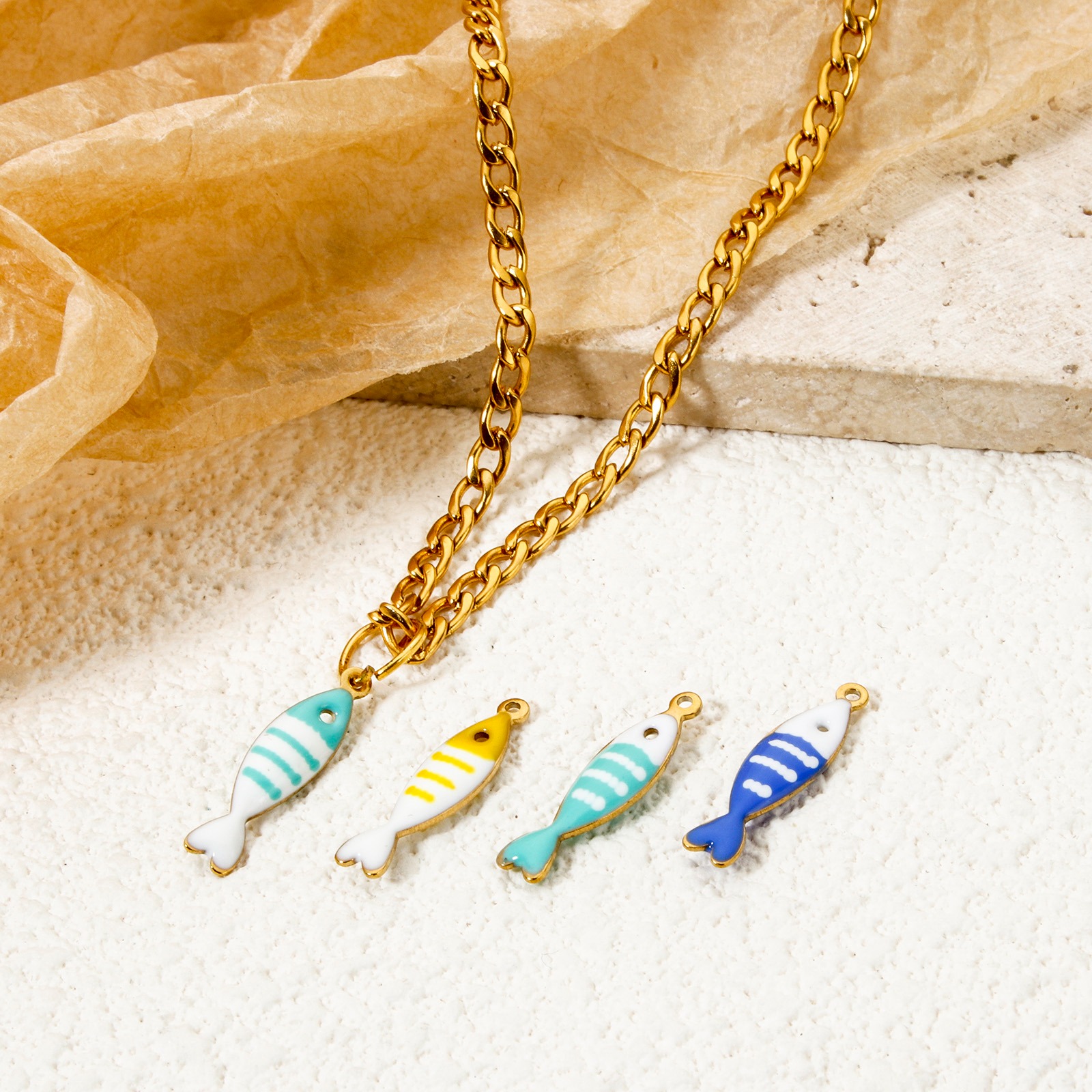 Picture of Eco-friendly PVD Vacuum Plating 304 Stainless Steel Ocean Jewelry Charms 18K Real Gold Plated At Random Color Fish Animal Stripe Enamel 18.5mm x 5mm