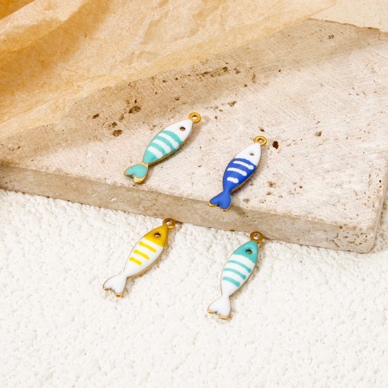 Picture of Eco-friendly PVD Vacuum Plating 304 Stainless Steel Ocean Jewelry Charms 18K Real Gold Plated At Random Color Fish Animal Stripe Enamel 18.5mm x 5mm