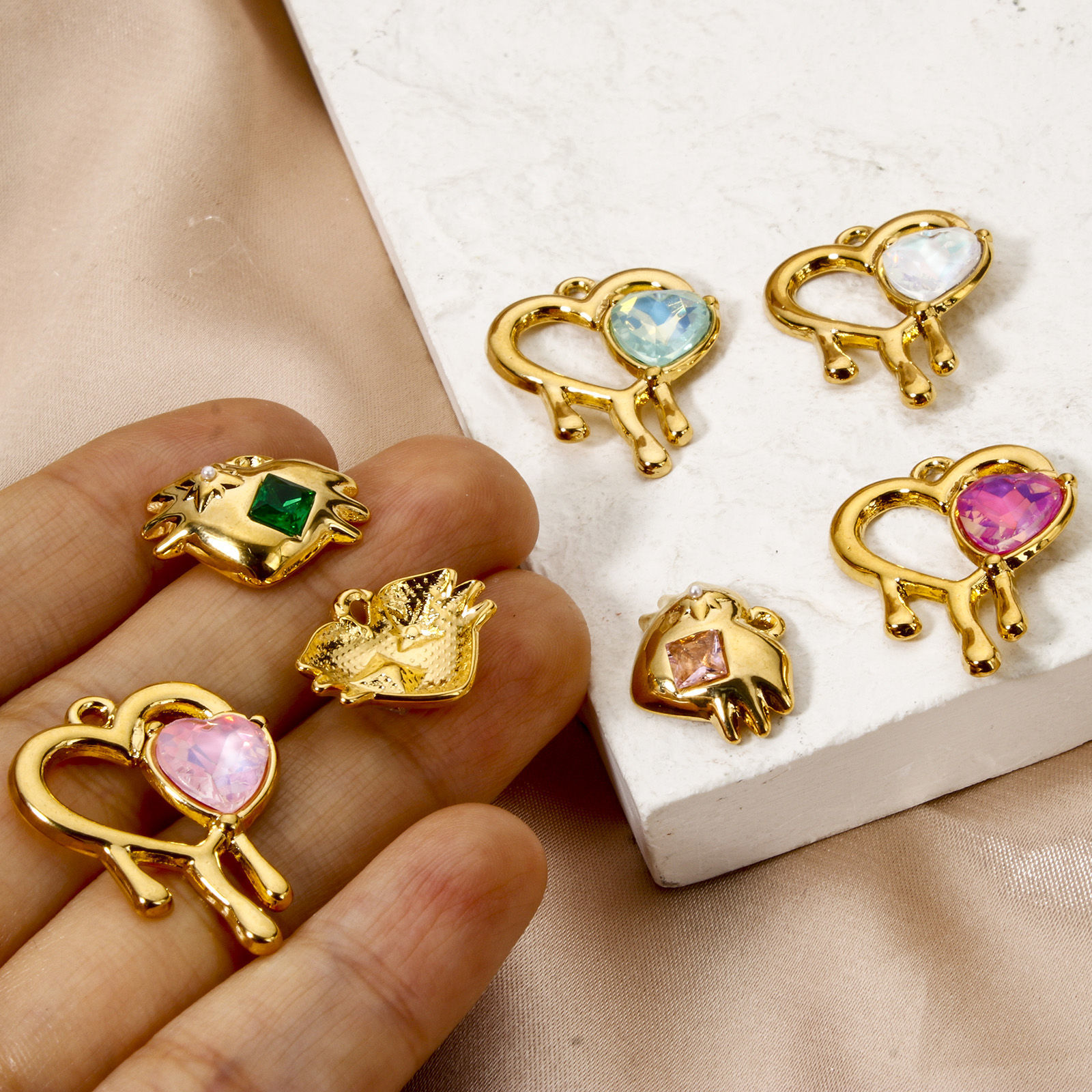 Picture of Eco-friendly PVD Vacuum Plating 304 Stainless Steel Valentine's Day Charms 18K Real Gold Plated Heart Multicolour Cubic Zirconia