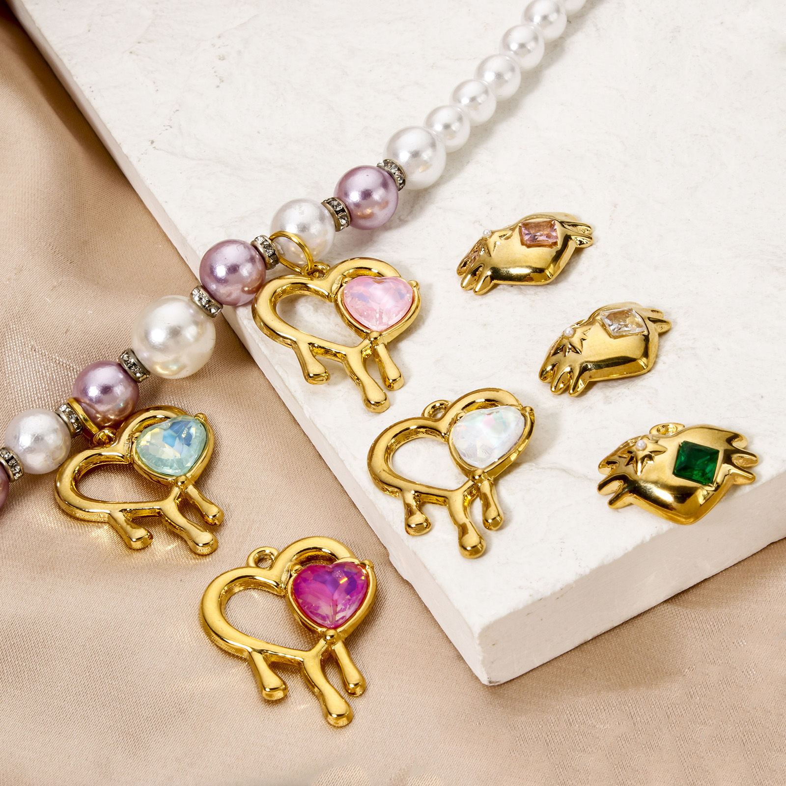 Picture of Eco-friendly PVD Vacuum Plating 304 Stainless Steel Valentine's Day Charms 18K Real Gold Plated Heart Multicolour Cubic Zirconia
