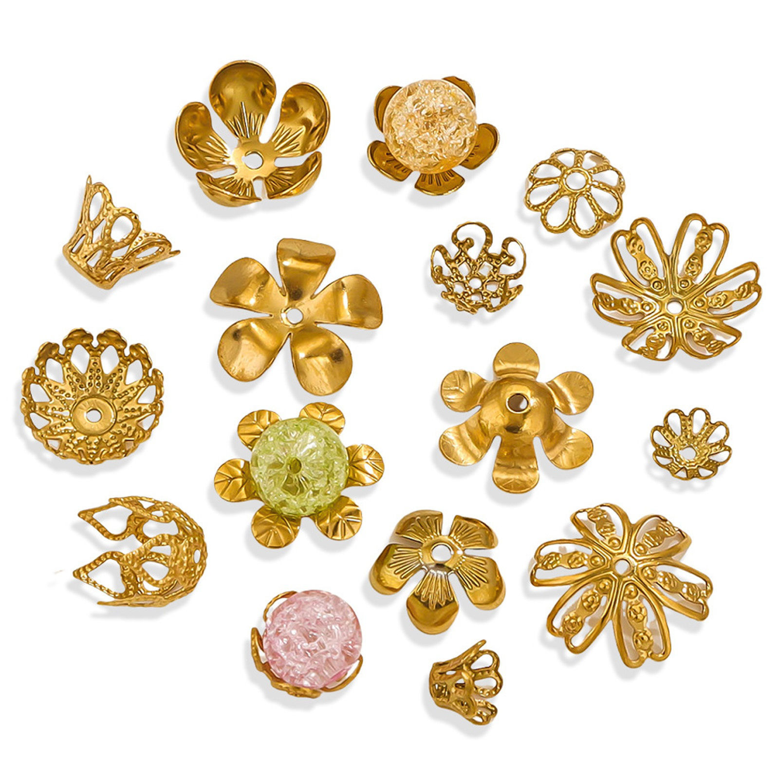 Picture of Vacuum Plating 304 Stainless Steel Beads Caps Flower 18K Gold Plated