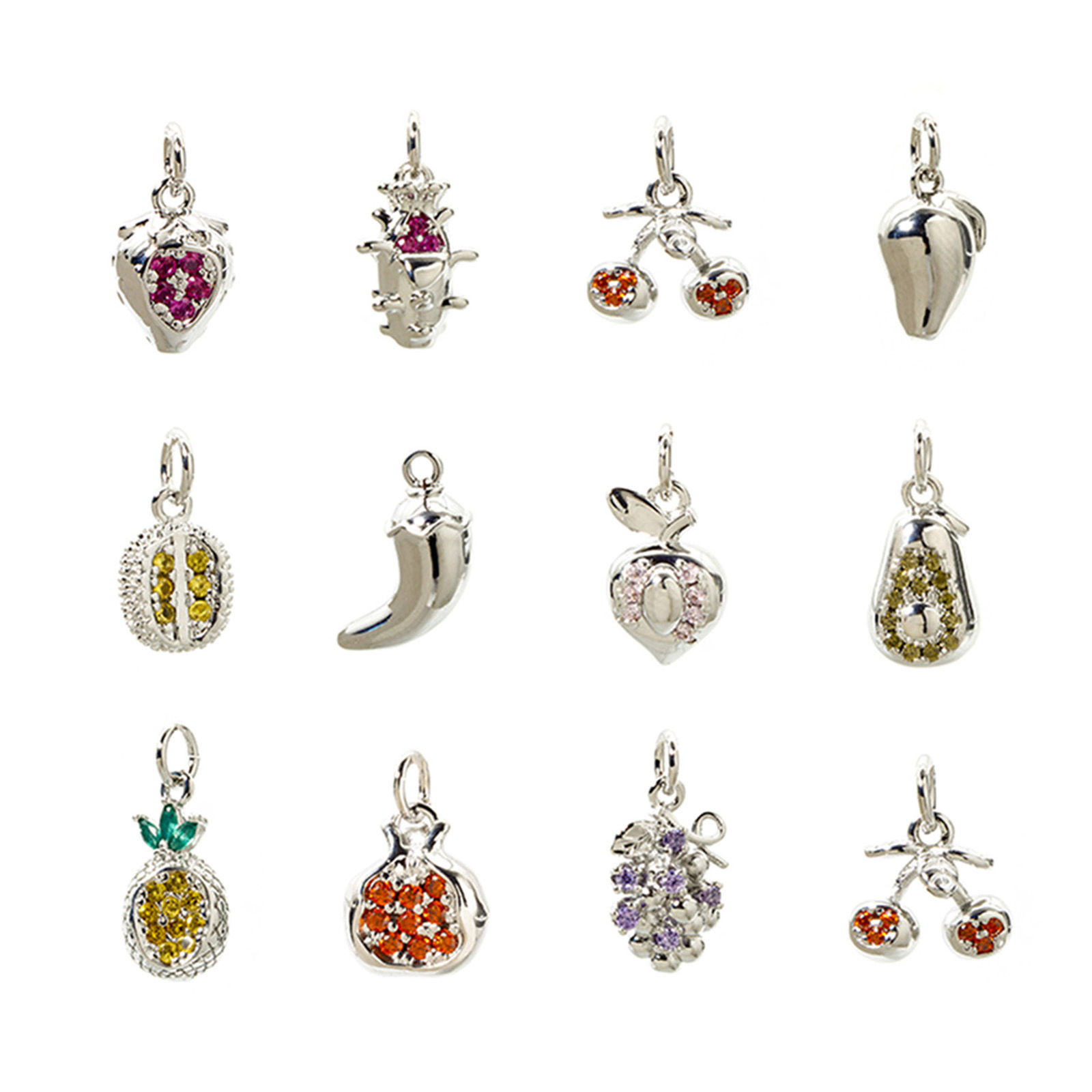 Picture of Brass Charms Platinum Plated Fruit 3D Multicolour Cubic Zirconia