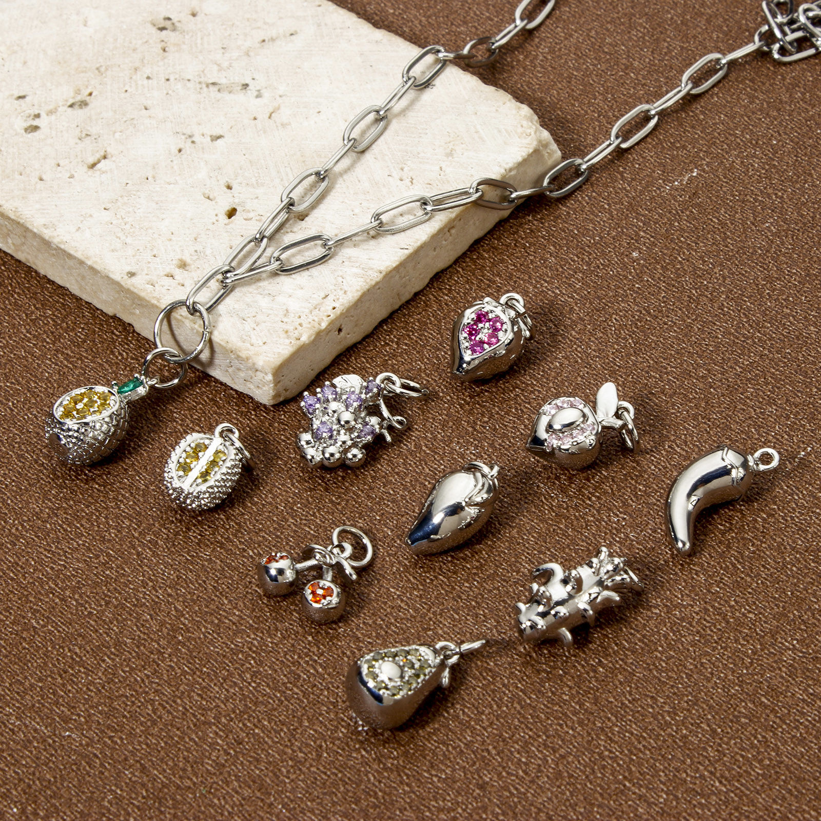Picture of Brass Charms Platinum Plated Fruit 3D Multicolour Cubic Zirconia