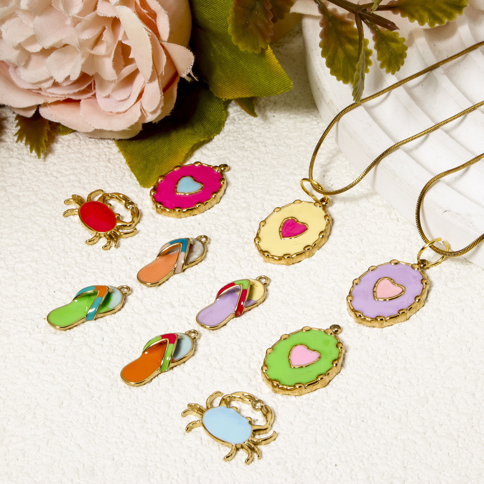 Picture of Eco-friendly PVD Vacuum Plating 304 Stainless Steel Charms 14K Real Gold Plated Multicolor Enamel Flip Flops Slipper Crab