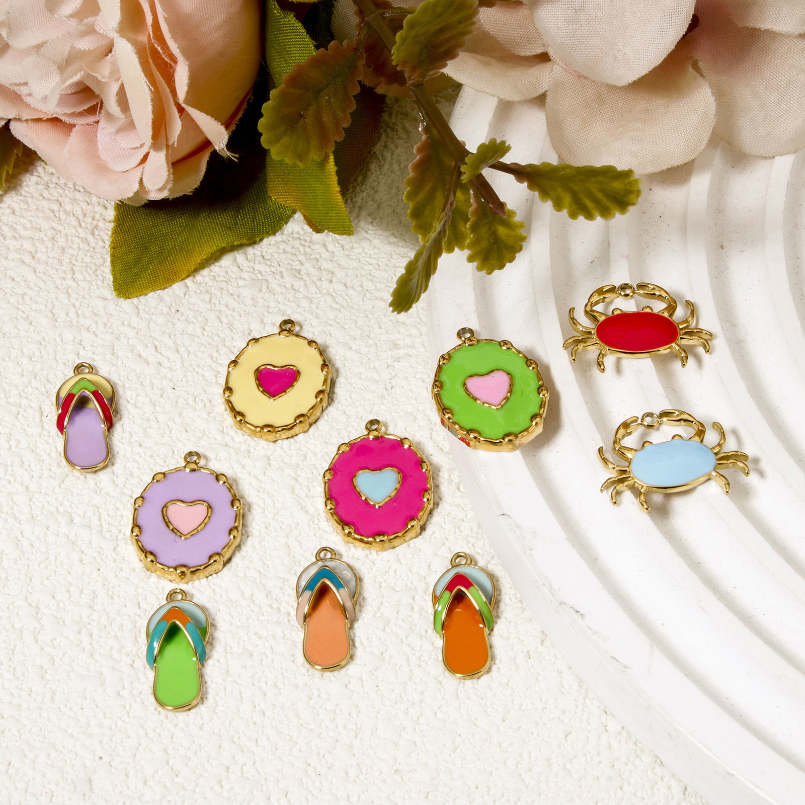 Picture of Eco-friendly PVD Vacuum Plating 304 Stainless Steel Charms 14K Real Gold Plated Multicolor Enamel Flip Flops Slipper Crab