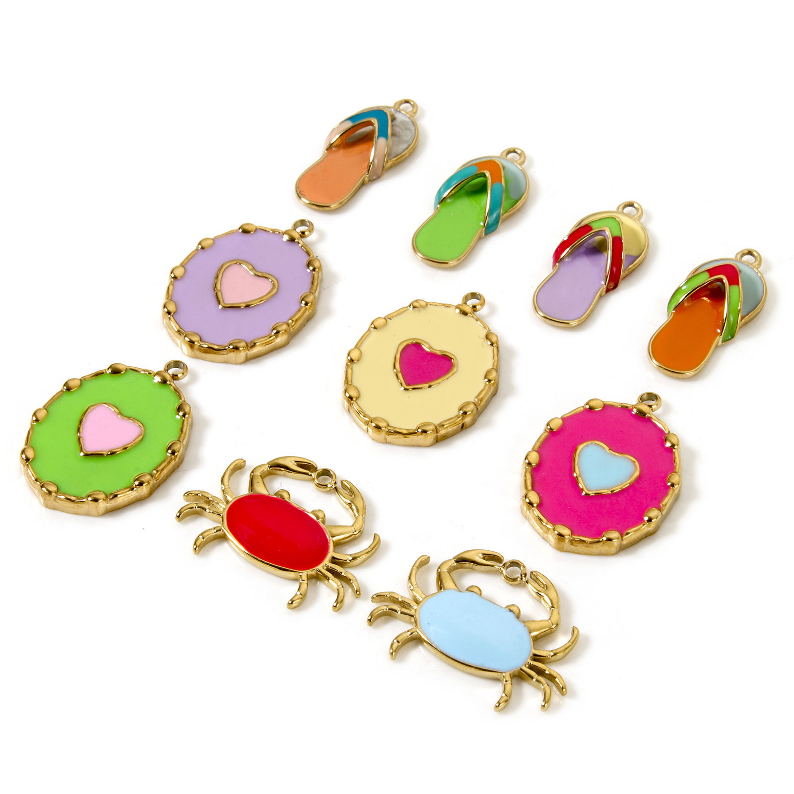 Picture of Eco-friendly PVD Vacuum Plating 304 Stainless Steel Charms 14K Real Gold Plated Multicolor Enamel Flip Flops Slipper Crab