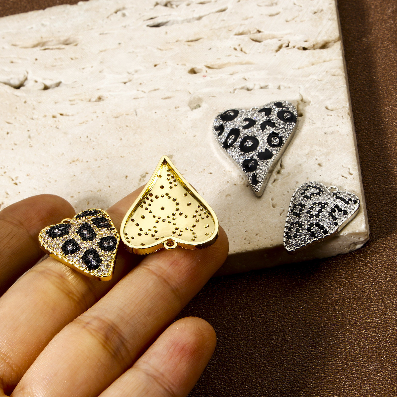 Picture of Brass Valentine's Day Charms Multicolor Heart Leopard Print Micro Pave