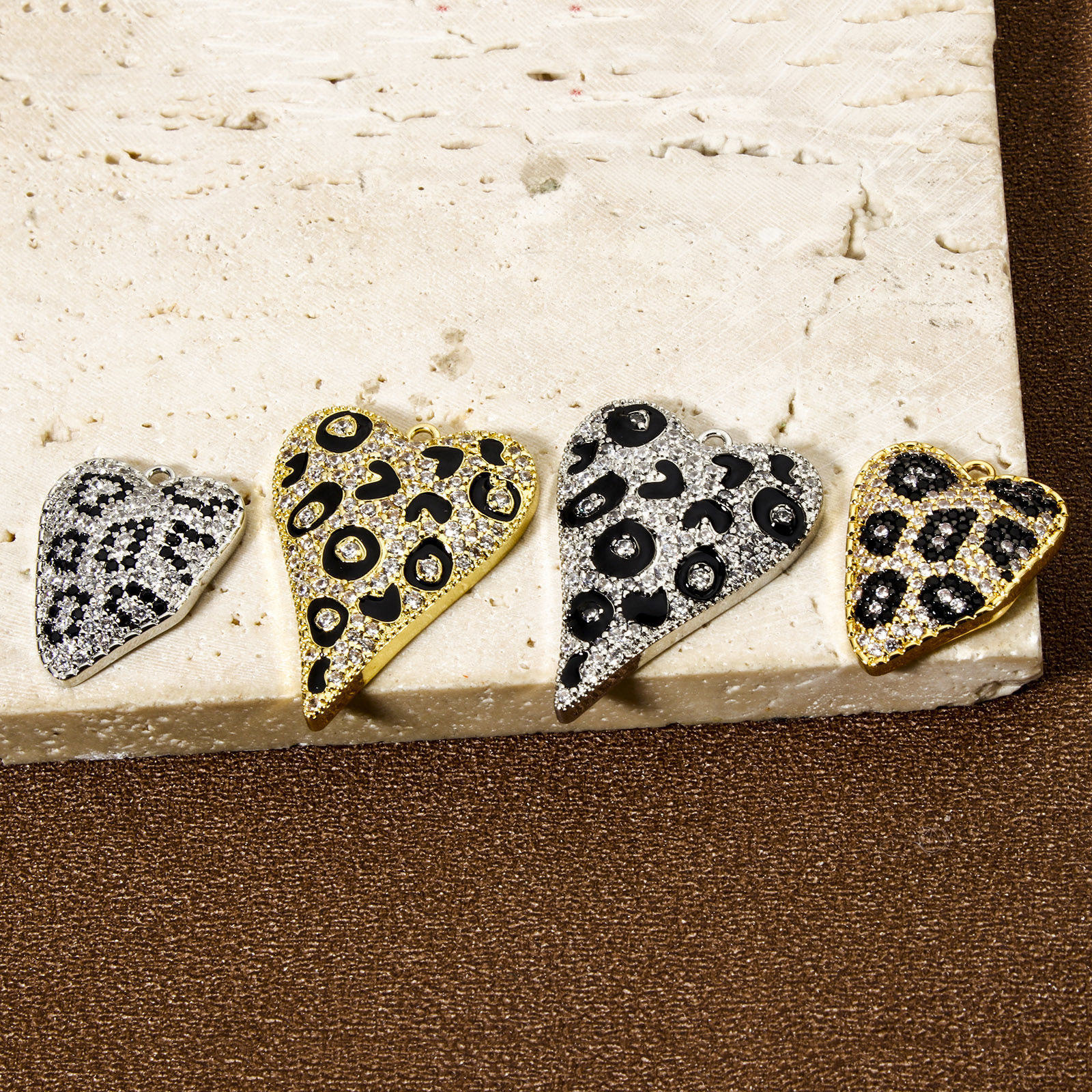 Picture of Brass Valentine's Day Charms Multicolor Heart Leopard Print Micro Pave