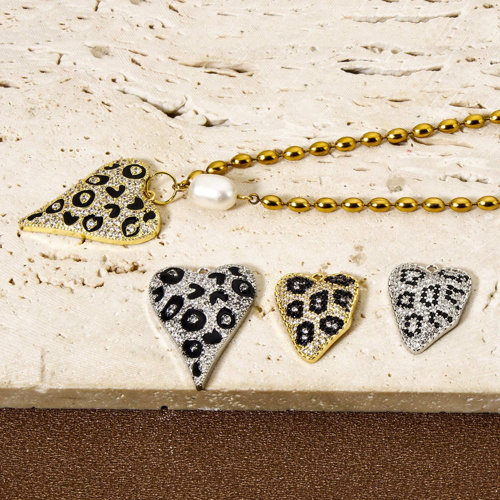 Picture of Brass Valentine's Day Charms Multicolor Heart Leopard Print Micro Pave