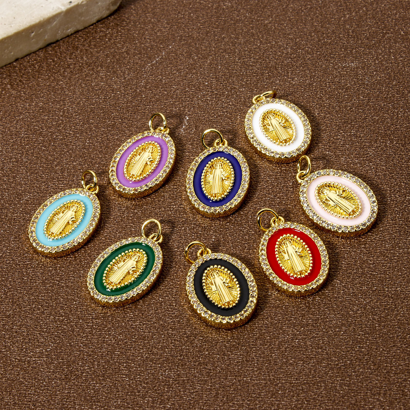 Picture of Eco-friendly Brass Religious Charms 18K Real Gold Plated Enamel Oval Jesus Micro Pave Clear Cubic Zirconia 24mm x 14mm