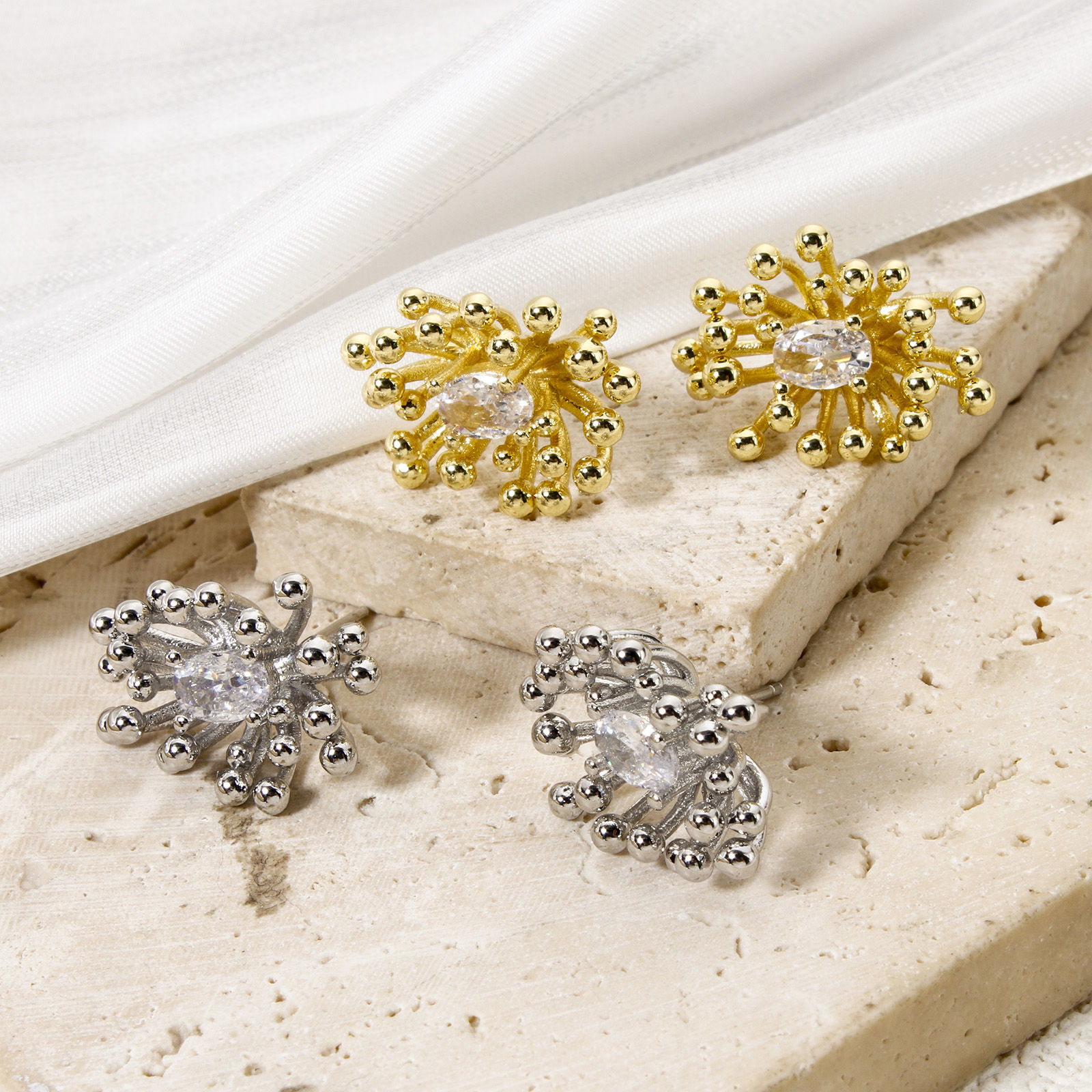 Picture of Eco-friendly Stylish Exquisite Real Gold Plated Brass & Cubic Zirconia Flower Ear Post Stud Earrings For Women 19mm x 14mm, Post/ Wire Size: (21 gauge)