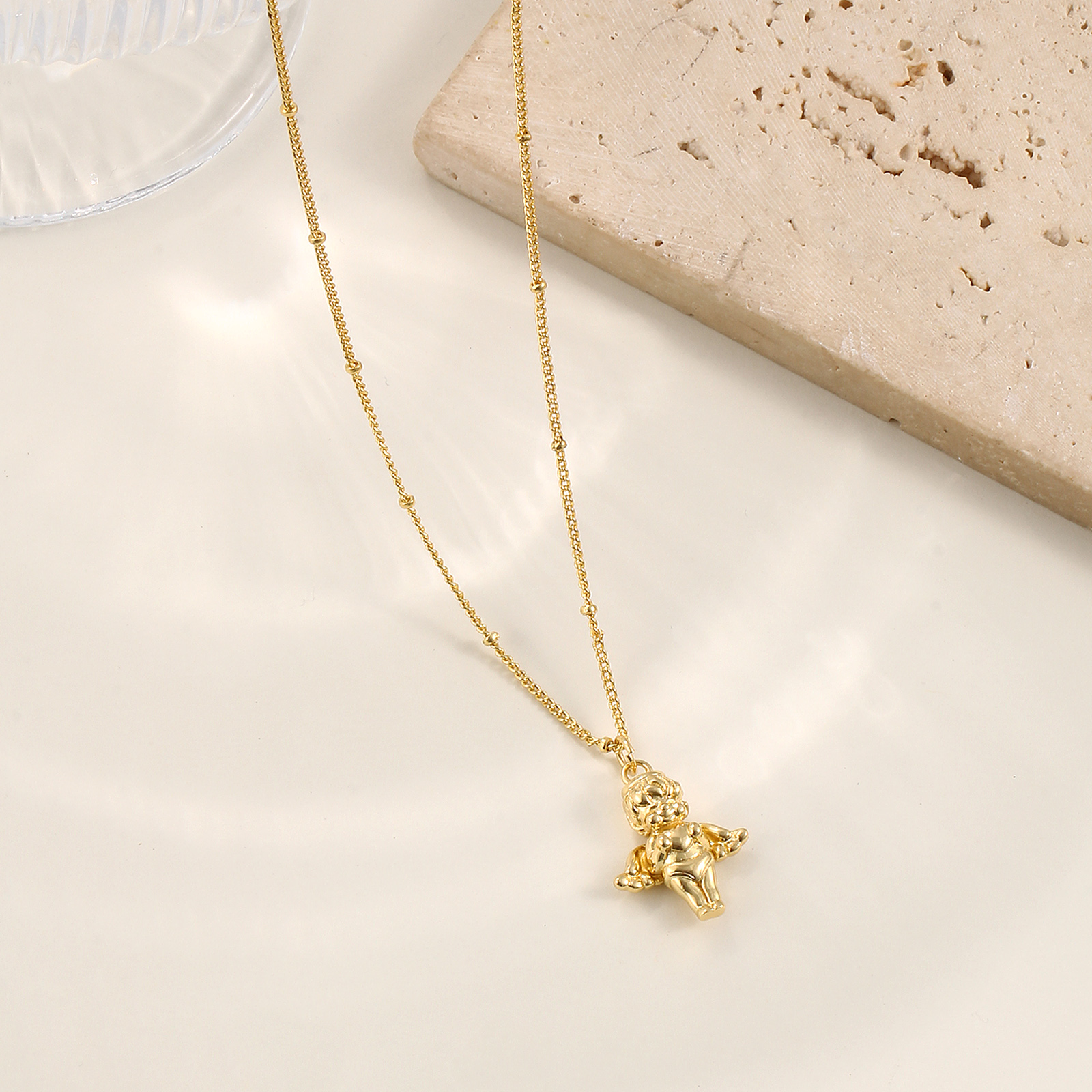 Picture of Eco-friendly Exquisite Religious 18K Real Gold Plated Brass Curb Link Chain Angel 3D Pendant Charm Necklace For Women Gift 45cm(17.7") + 5cm(2") long