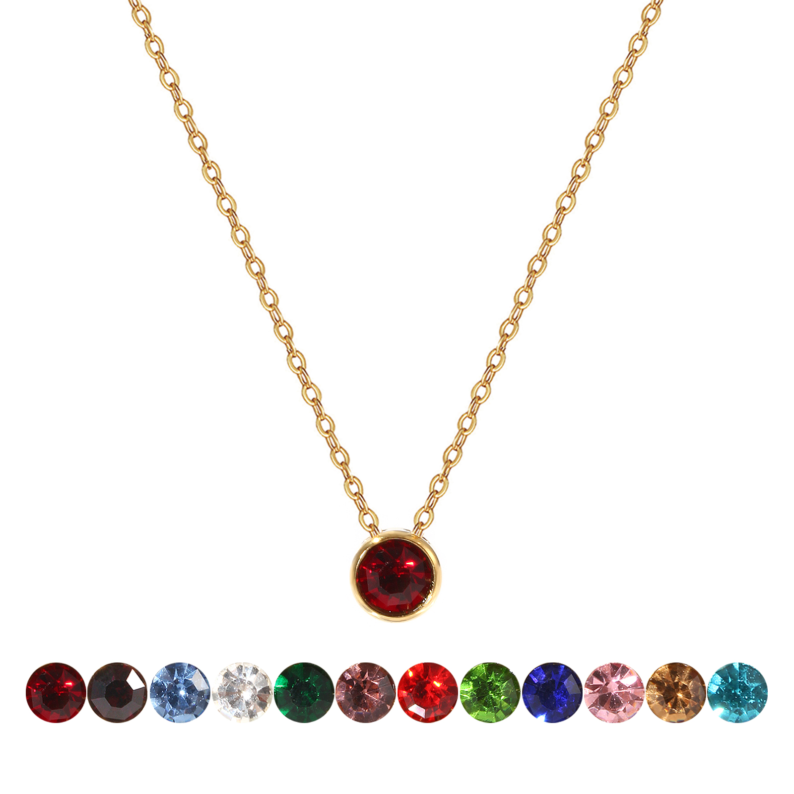 Picture of Eco-friendly PVD Vacuum Plating Exquisite Birthstone 18K Real Gold Plated 304 Stainless Steel & Rhinestone Link Cable Chain Round Pendant Charm Necklace For Women Gift 45cm(17.7") + 5cm(2") long