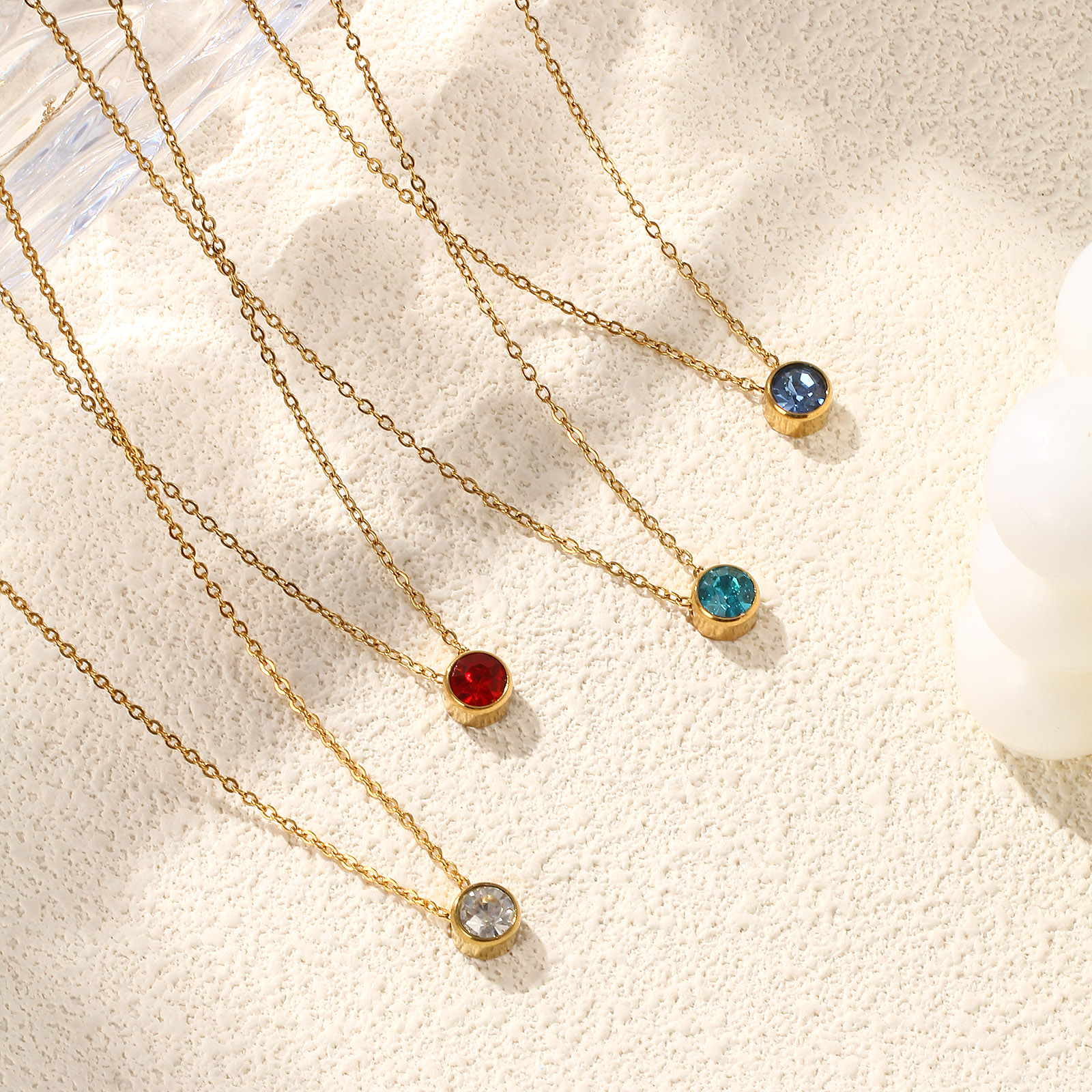 Picture of Eco-friendly PVD Vacuum Plating Exquisite Birthstone 18K Real Gold Plated 304 Stainless Steel & Rhinestone Link Cable Chain Round Pendant Charm Necklace For Women Gift 45cm(17.7") + 5cm(2") long
