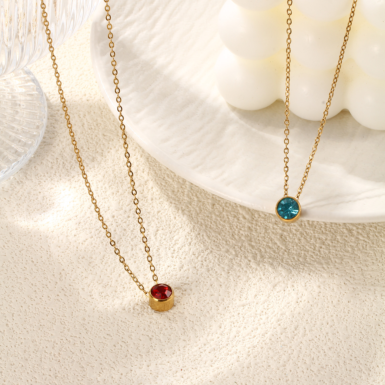 Picture of Eco-friendly PVD Vacuum Plating Exquisite Birthstone 18K Real Gold Plated 304 Stainless Steel & Rhinestone Link Cable Chain Round Pendant Charm Necklace For Women Gift 45cm(17.7") + 5cm(2") long